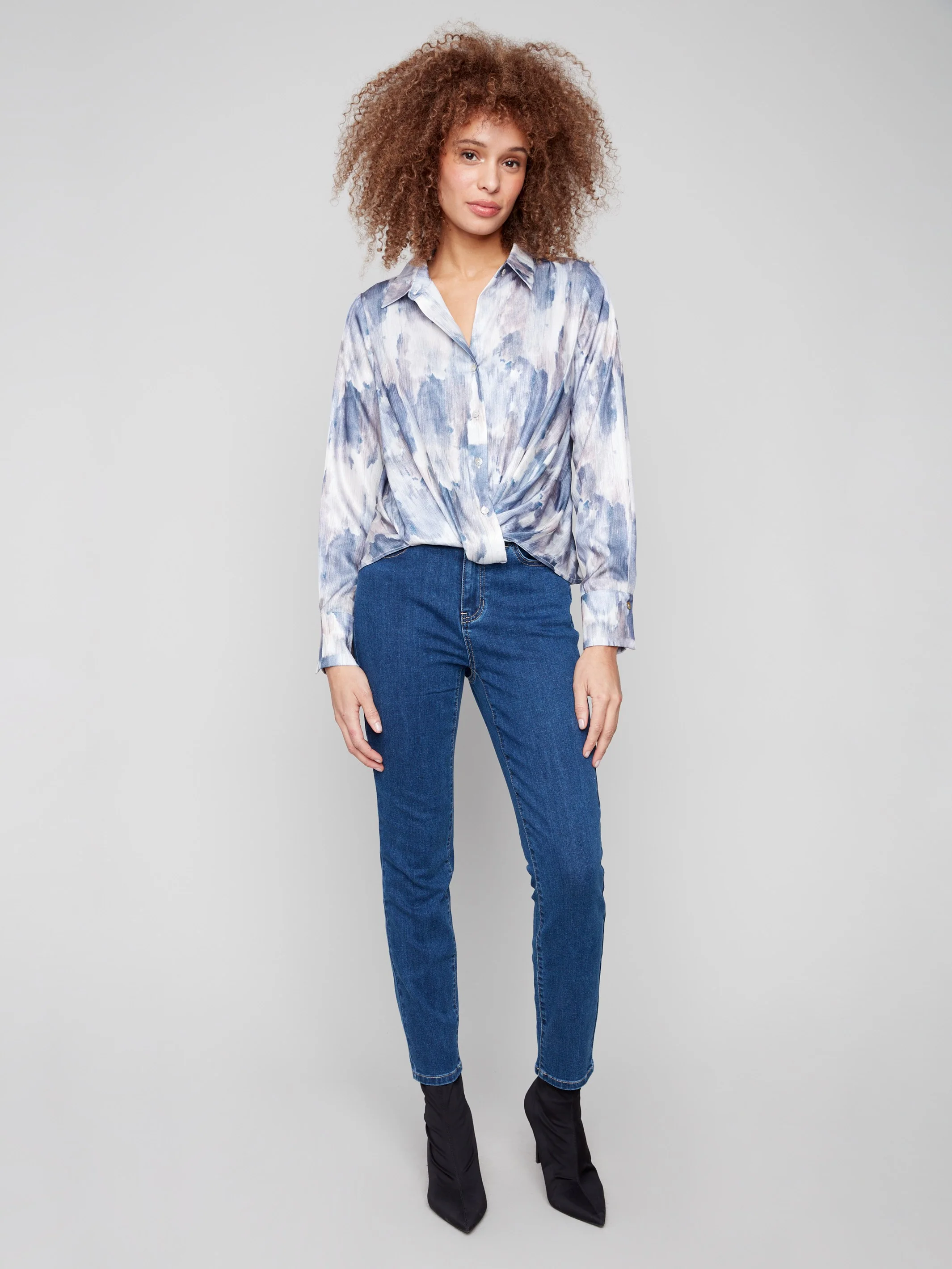 Printed Button-Down Shirt With Twisted Front - Pearly - WHSBYS