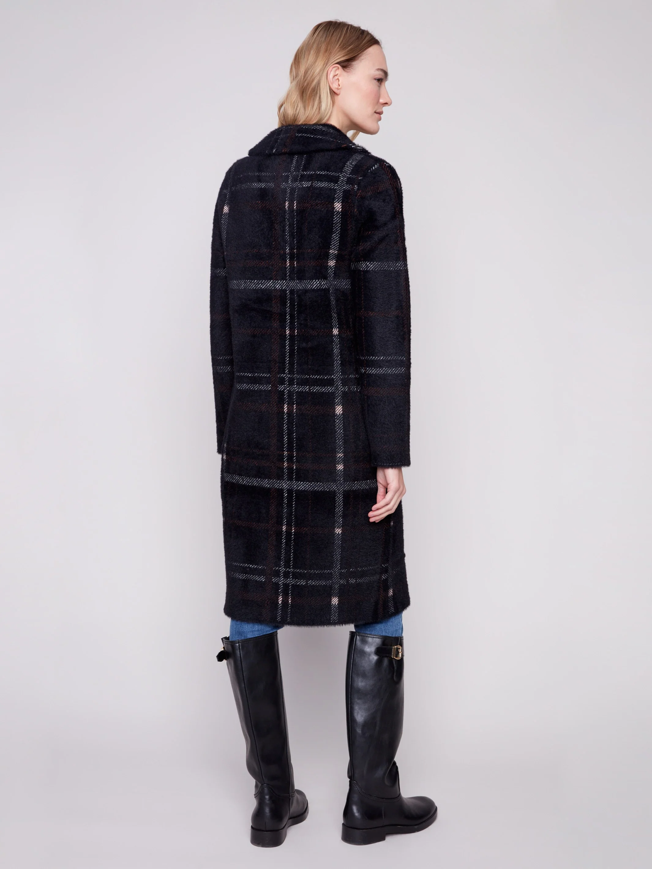 Long Plaid Knit Coatigan - Mocha - WHSBYS