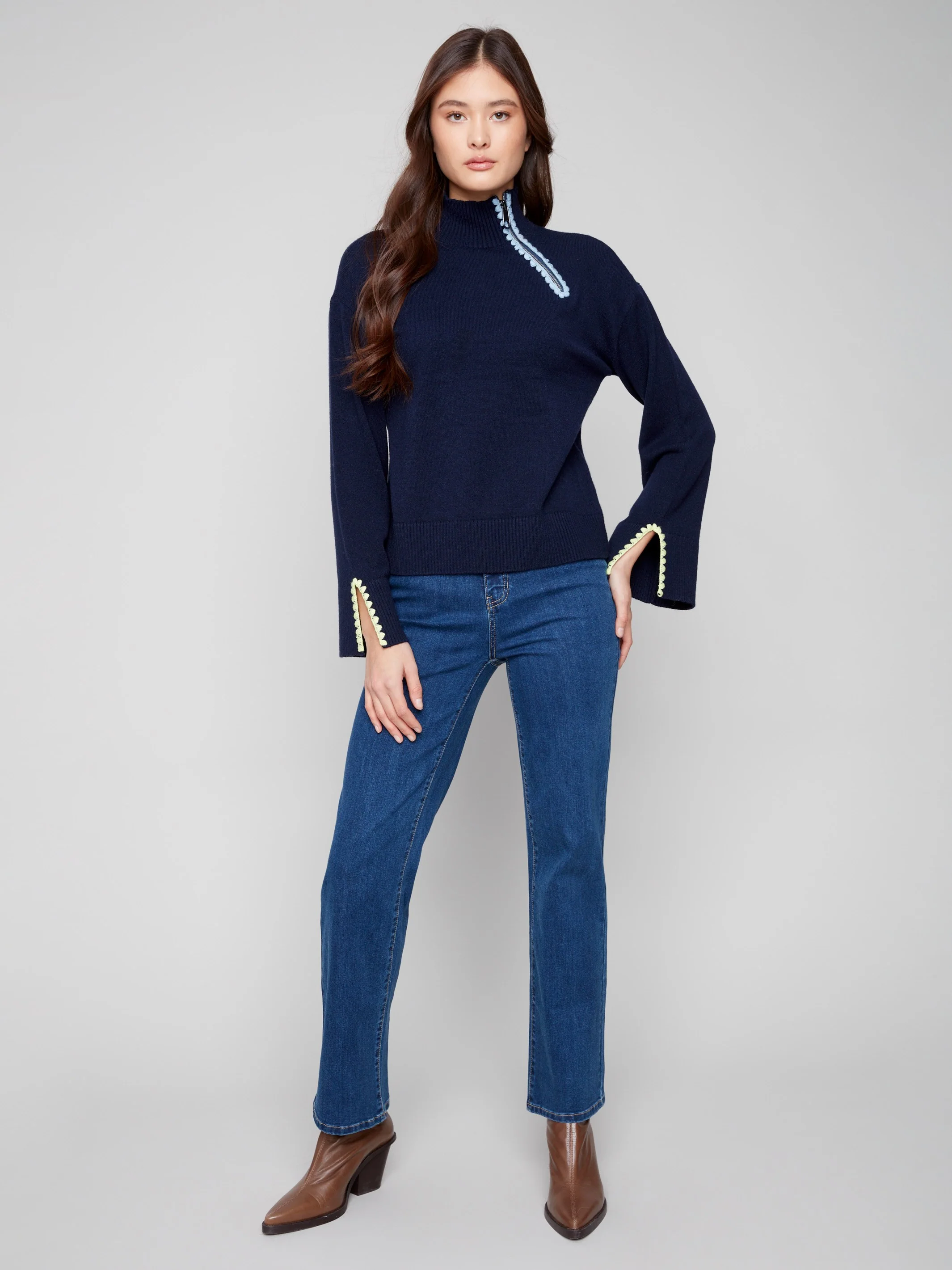 Mock Neck Sweater With Zipper & Crochet Details - Navy - WHSBYS