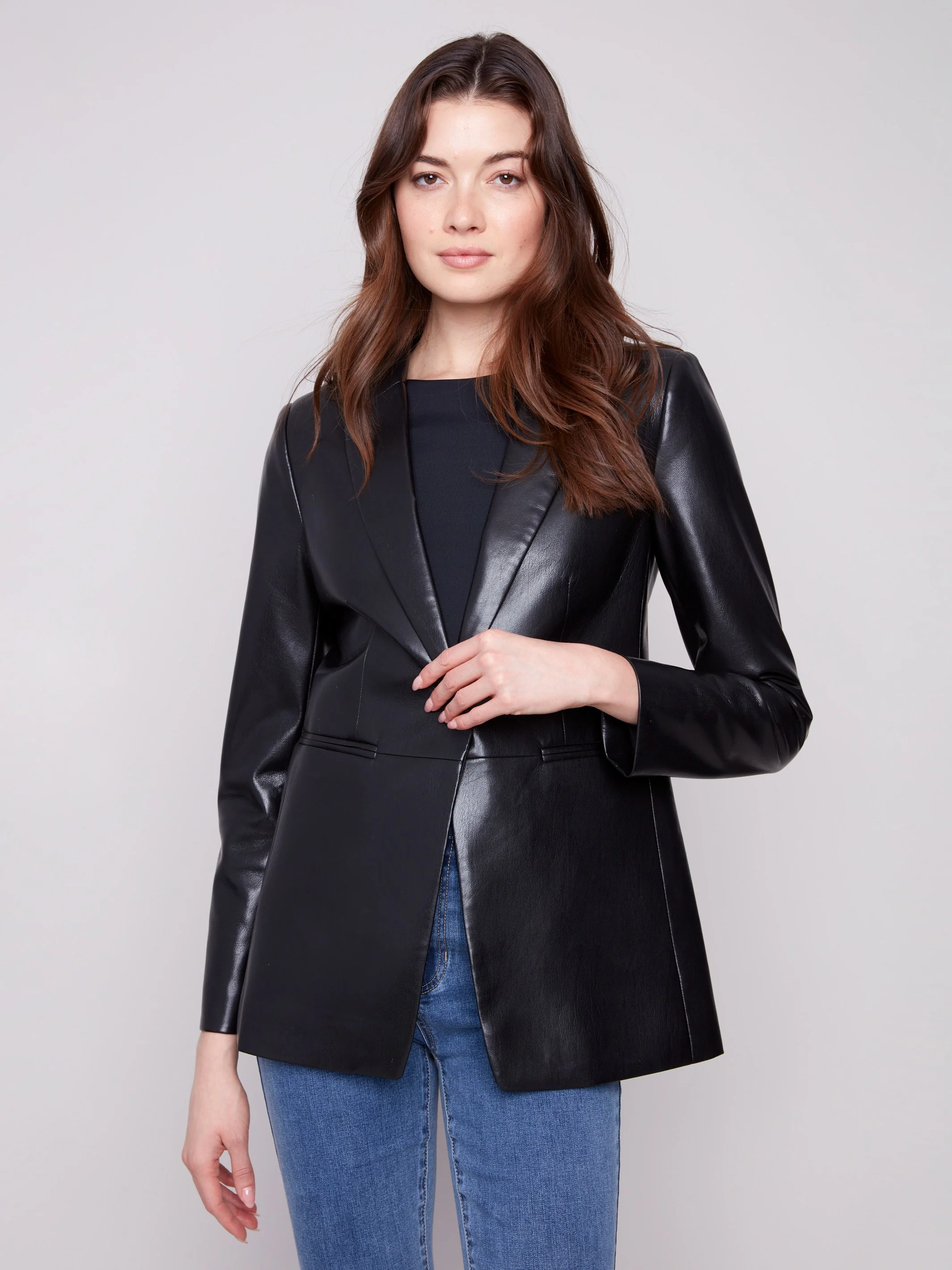 Faux Leather Blazer - Black - WHSBYS