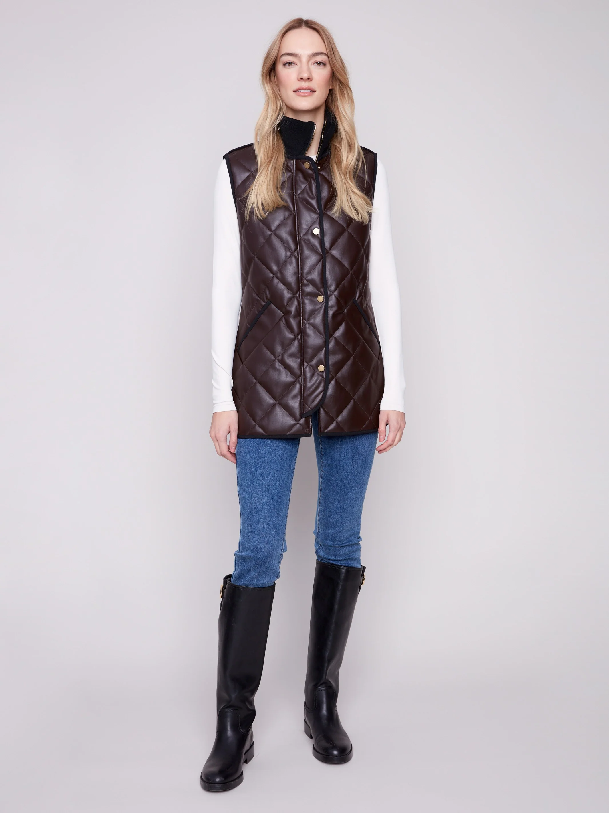 Long Quilted Faux Leather Vest - Mocha - WHSBYS