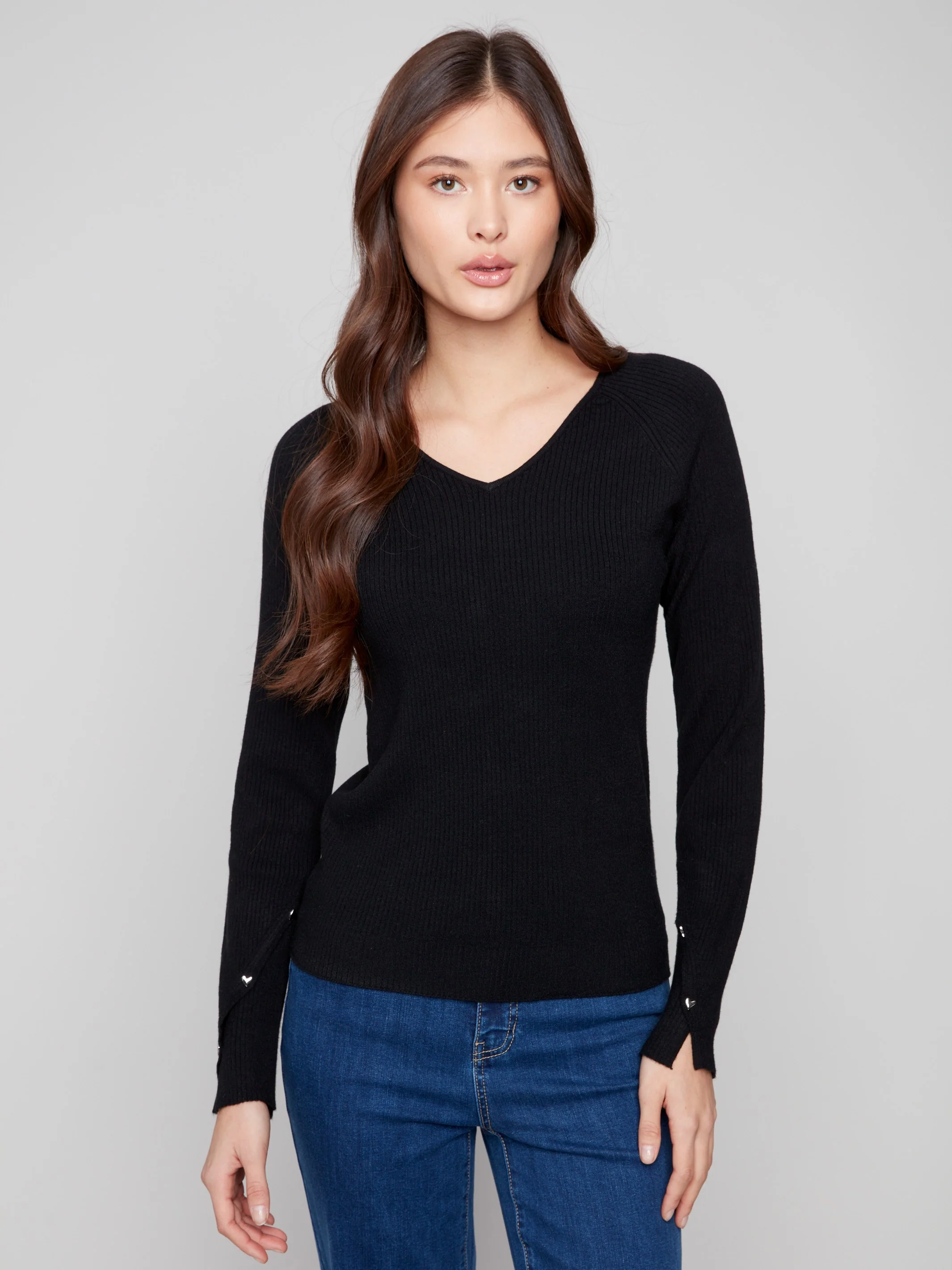 Ribbed V-Neck Sweater With Heart Rivets - Black - WHSBYS