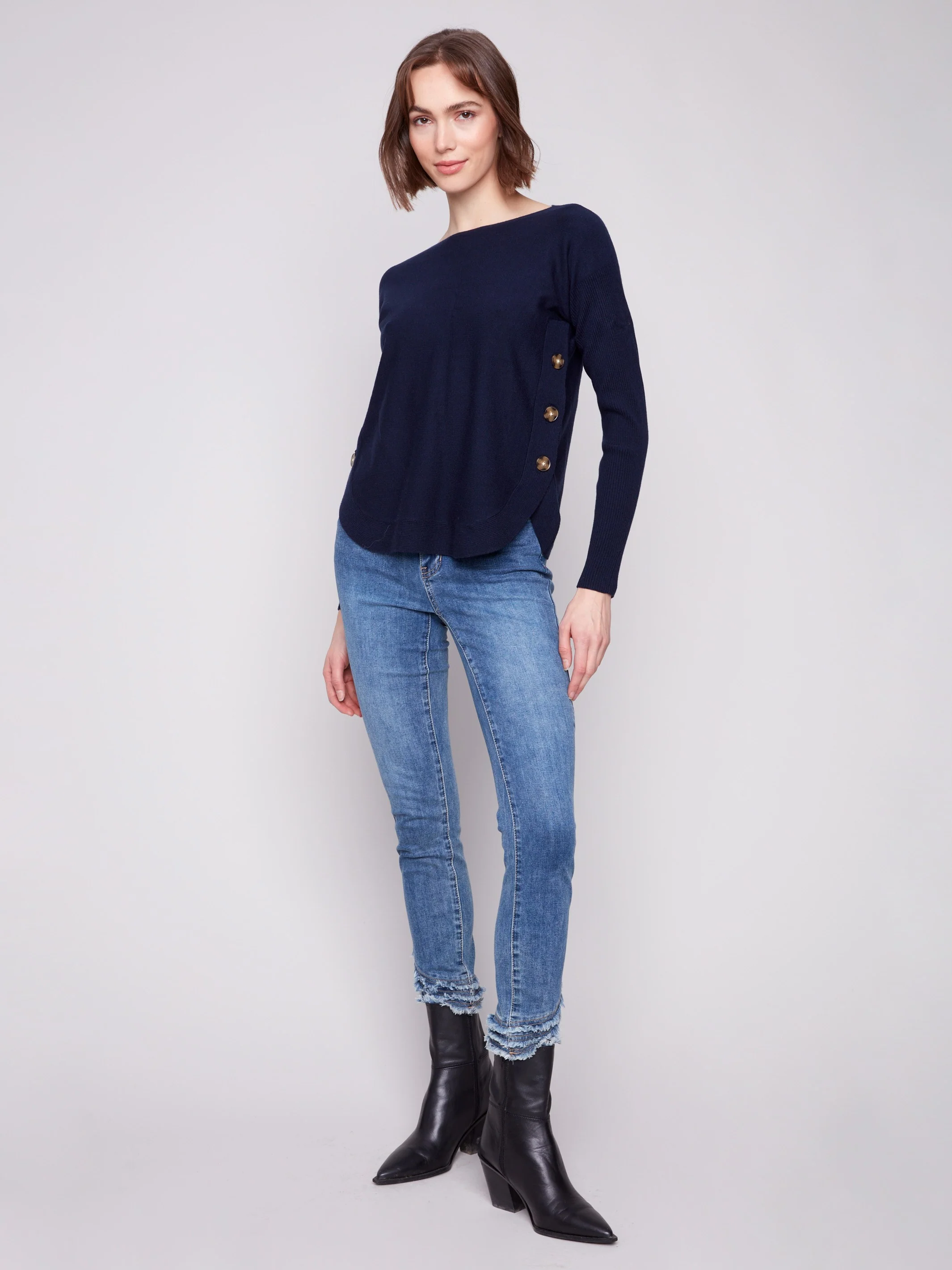 Boat Neck Sweater With Side Buttons - Navy - WHSBYS