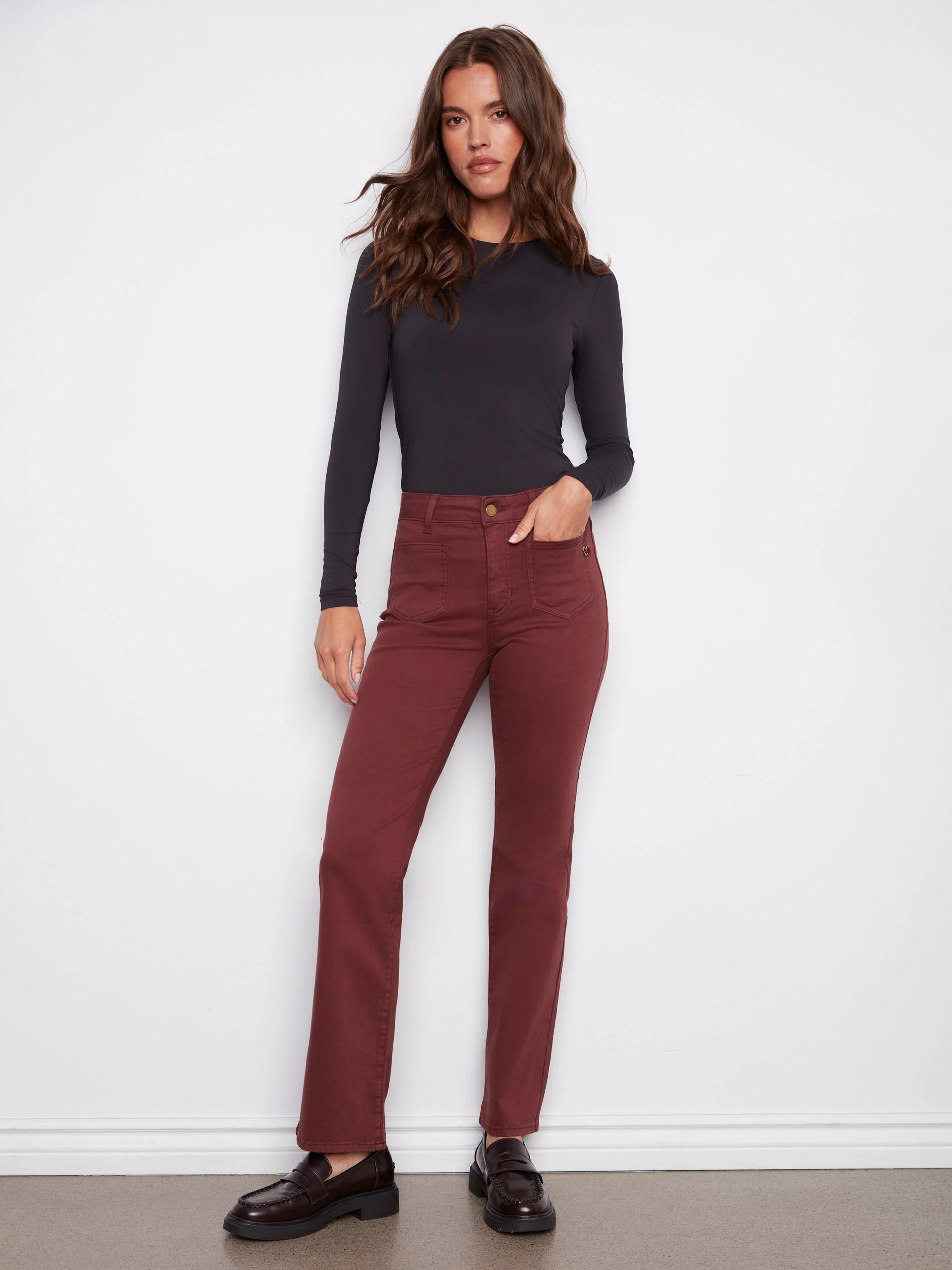 Patch Pocket Flare Twill Pants With Rivets - Cabernet - WHSBYS