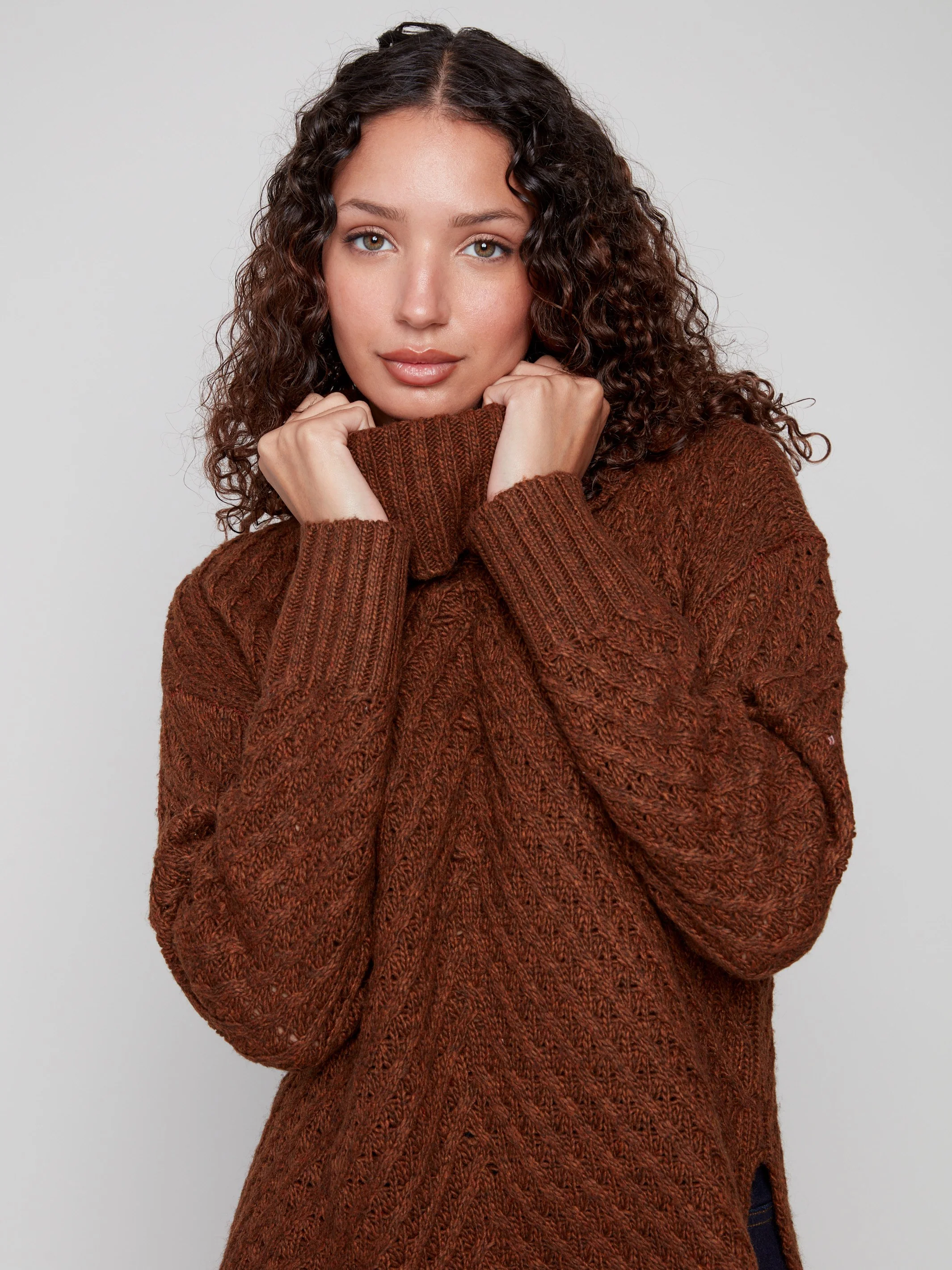 Cowl Neck Diagonal Cable Sweater - Sepia - WHSBYS