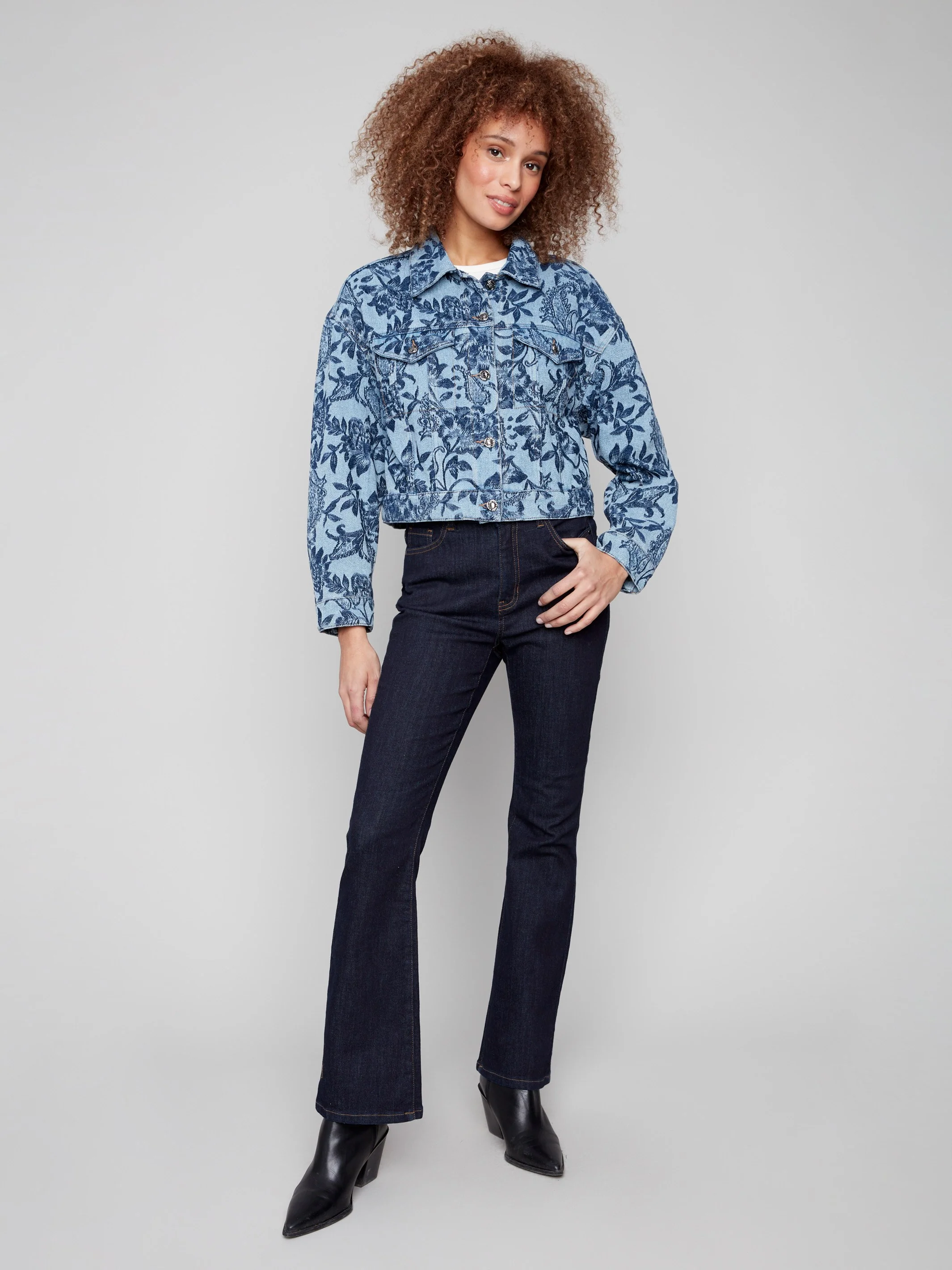 Cropped Jacquard Denim Jacket - Blue - WHSBYS