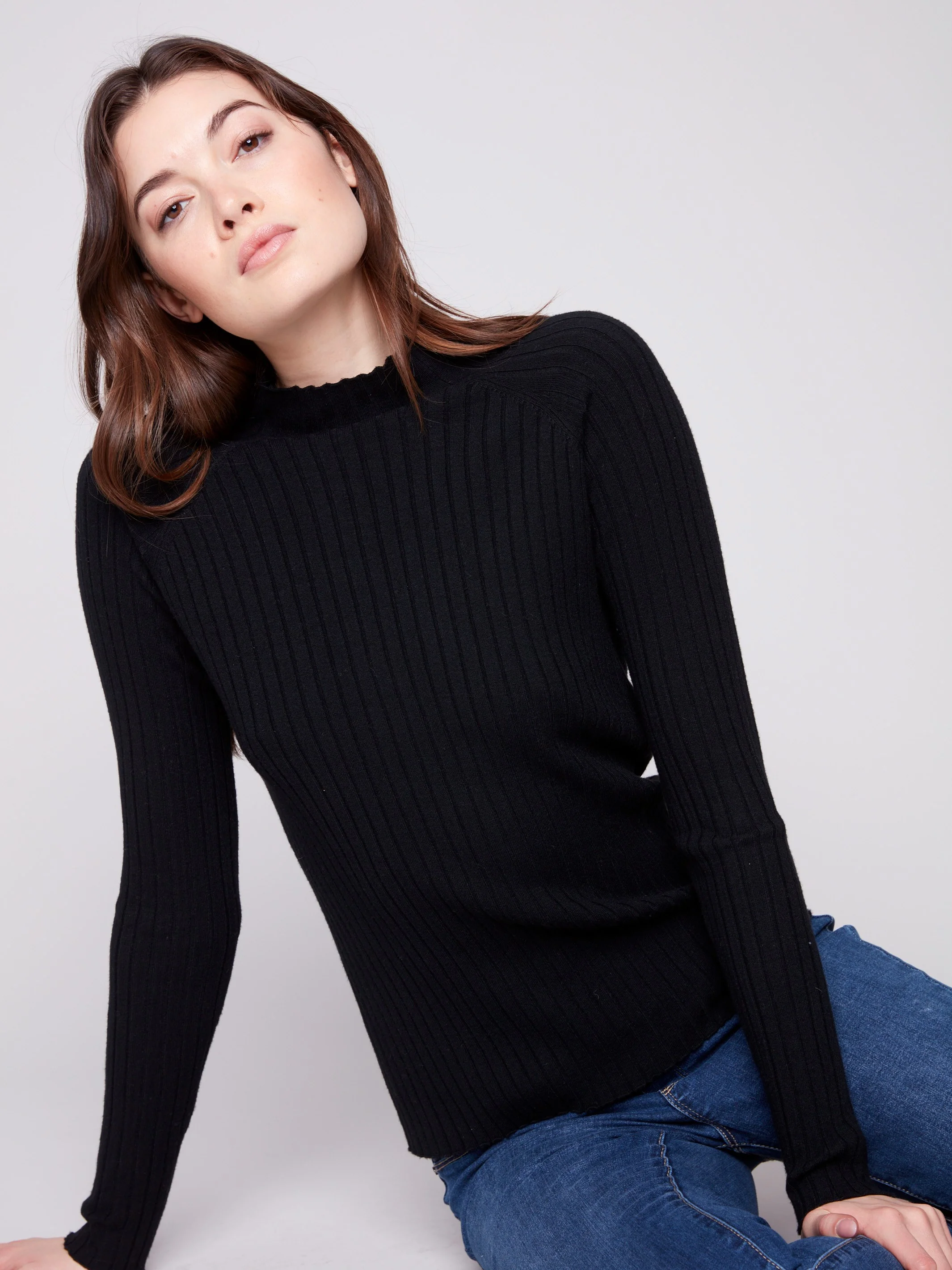 Ribbed Knit Mock Neck Sweater - Black - WHSBYS