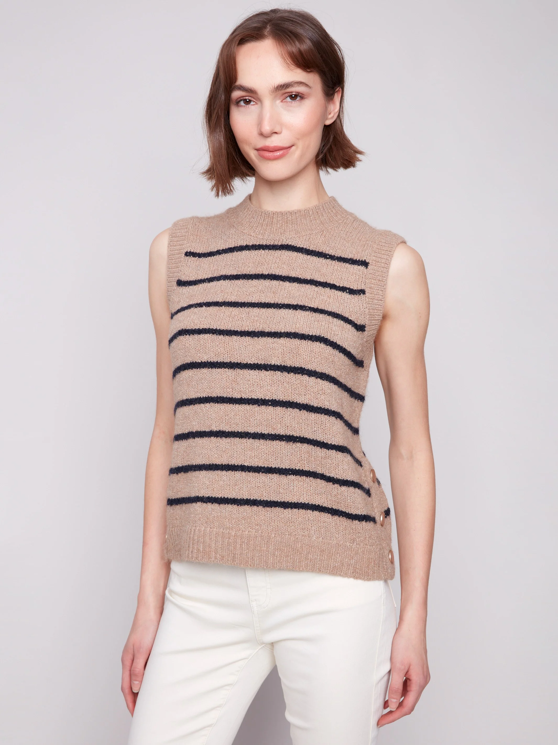 Striped Sleeveless Sweater Vest - Heather Camel - WHSBYS