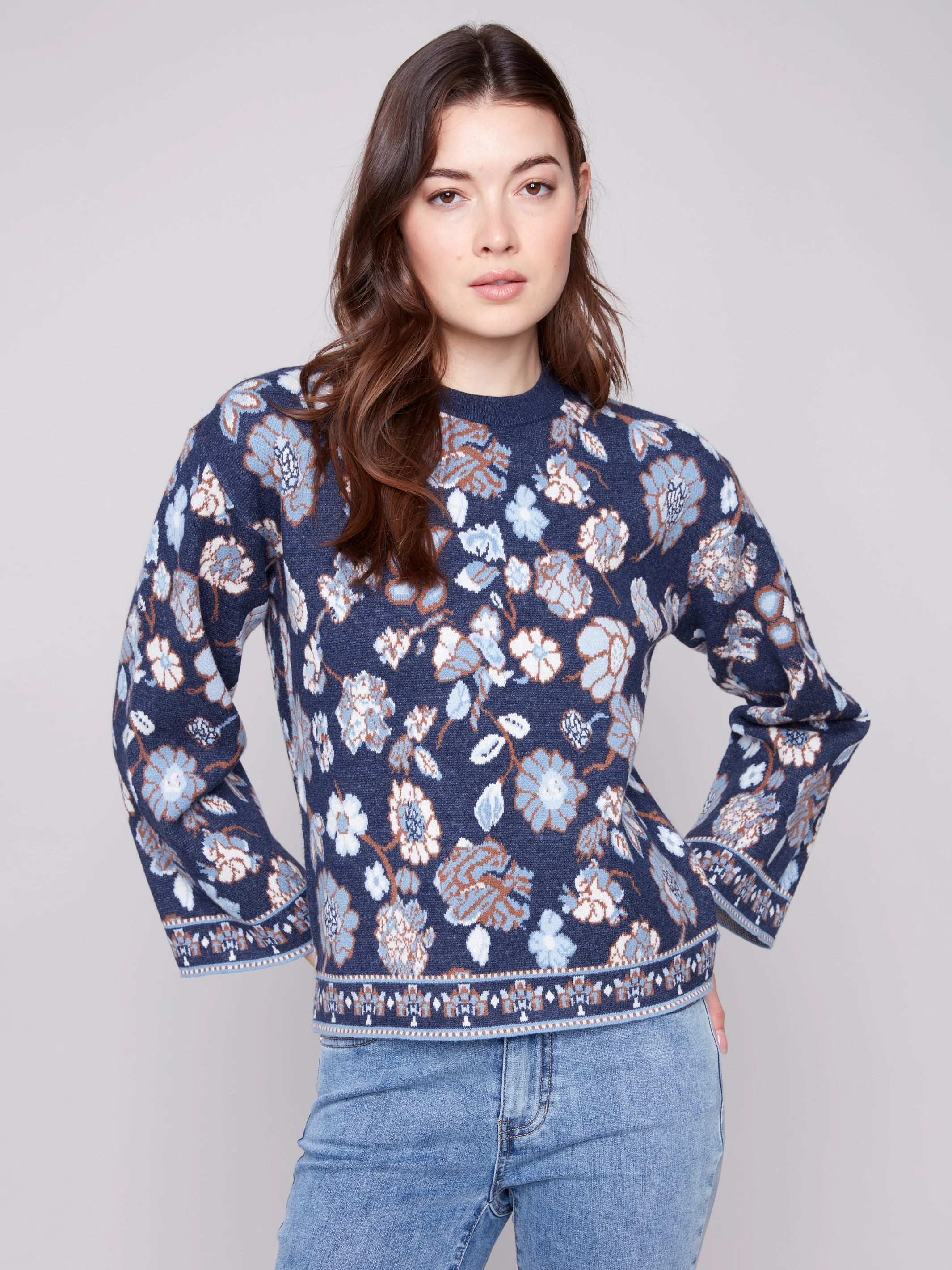 Crew Neck Jacquard Sweater - Floral - WHSBYS