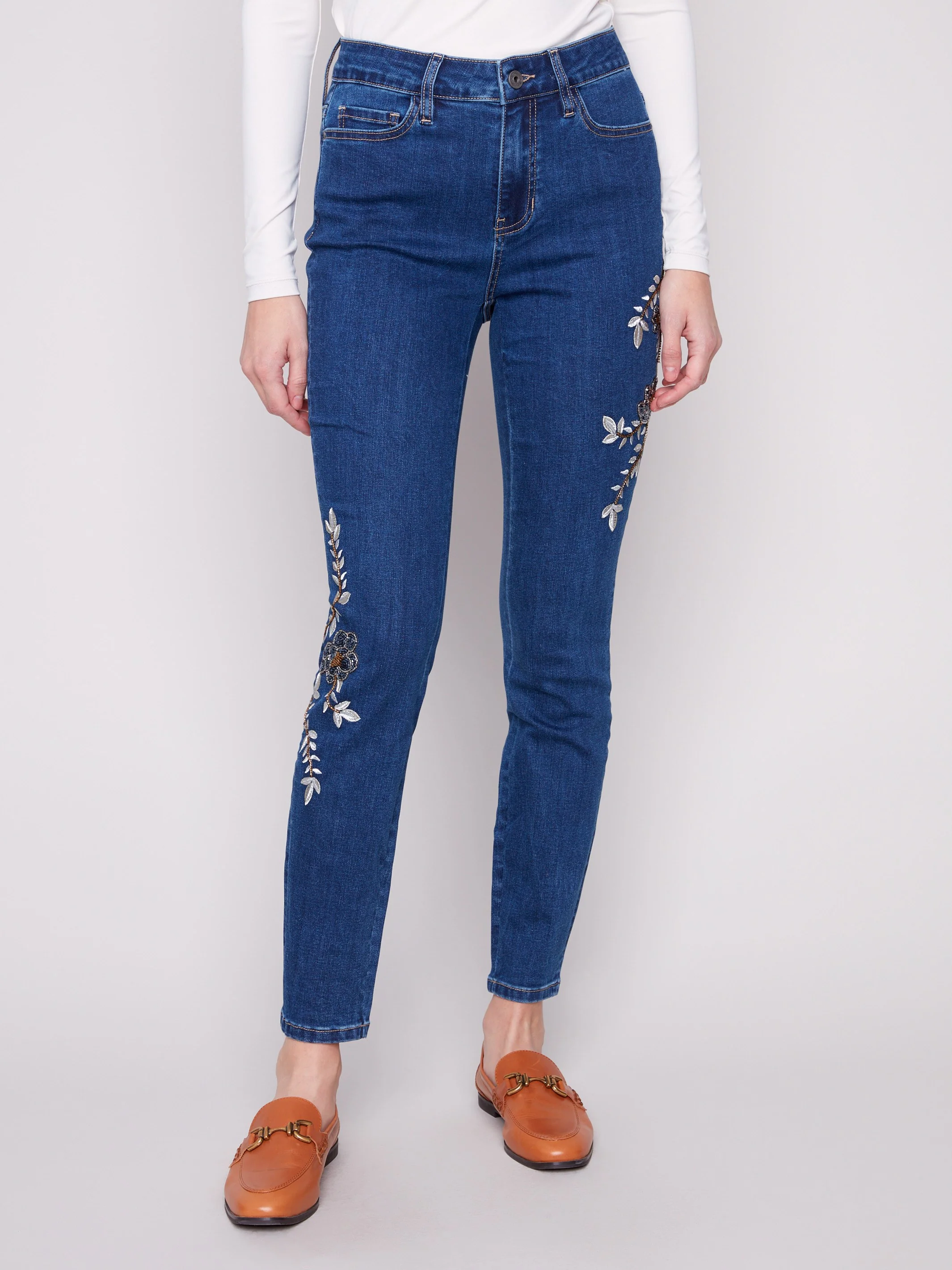 Beaded Embroidered Skinny Jeans - Indigo - WHSBYS