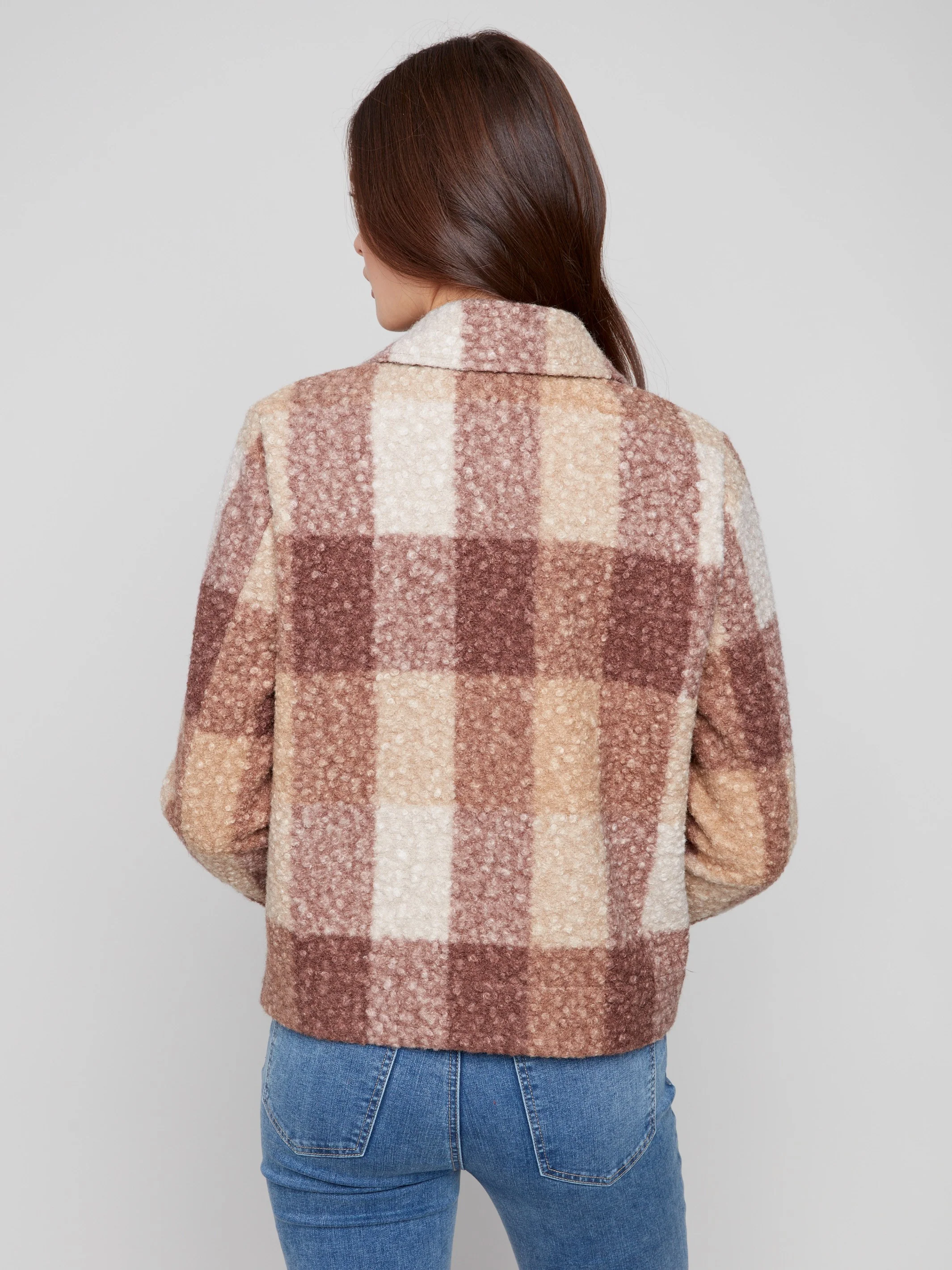 Plaid Bouclé Knit Short Coat - Mocha - WHSBYS