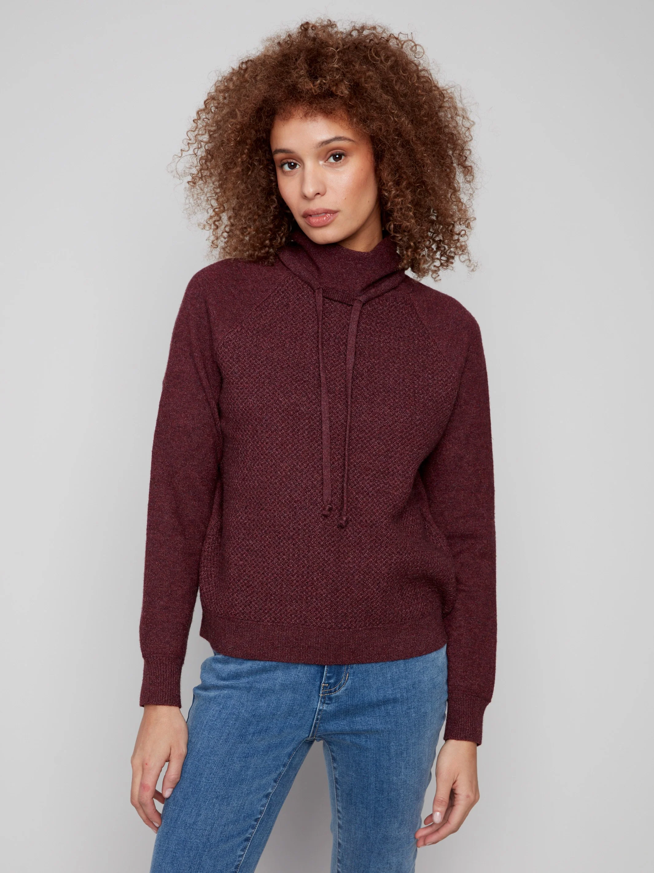 Textured Cowl Neck Knit Sweater - Heather Cabernet - WHSBYS