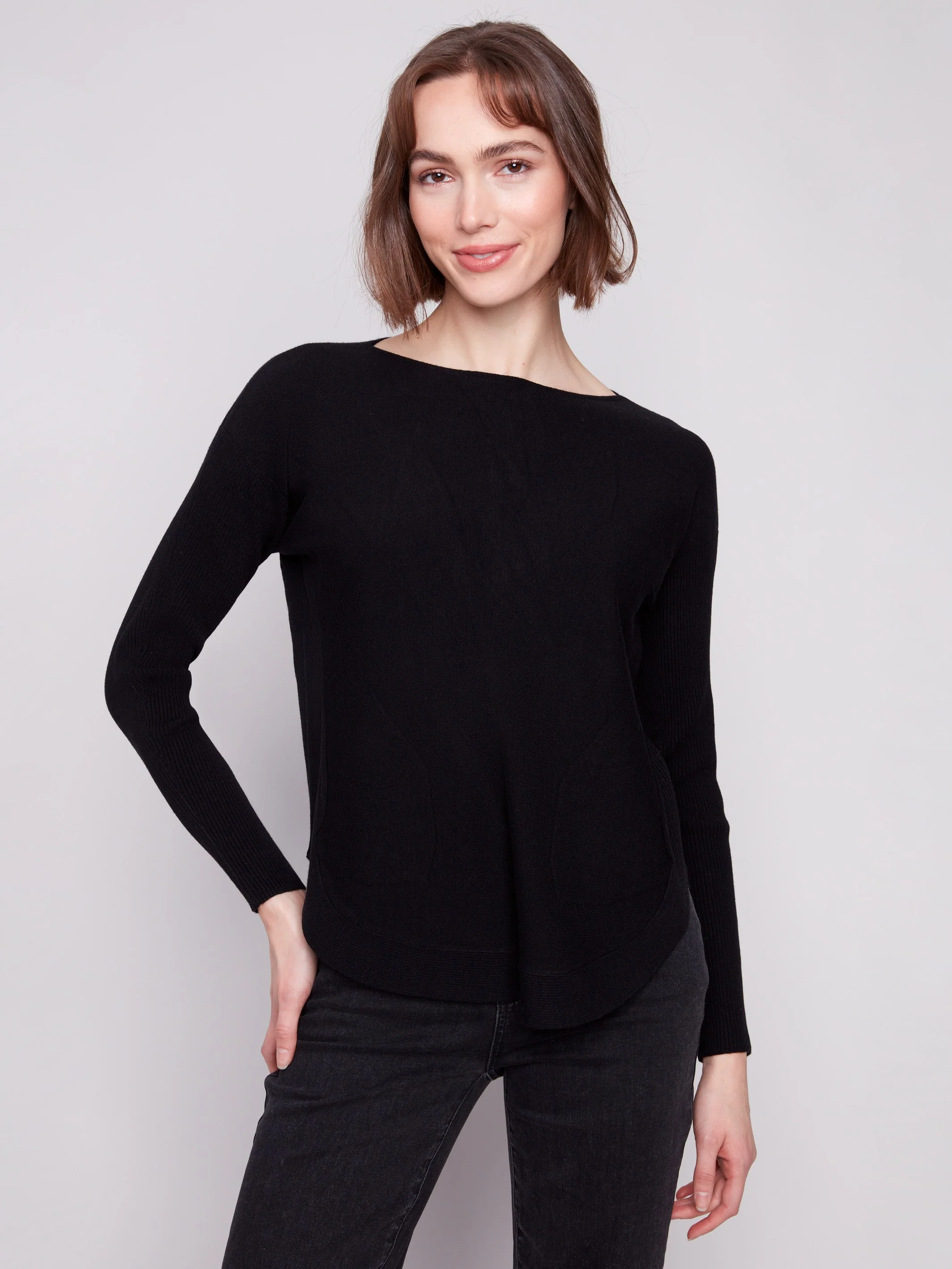 Knit Sweater With Back Lace-Up Detail - Black - WHSBYS