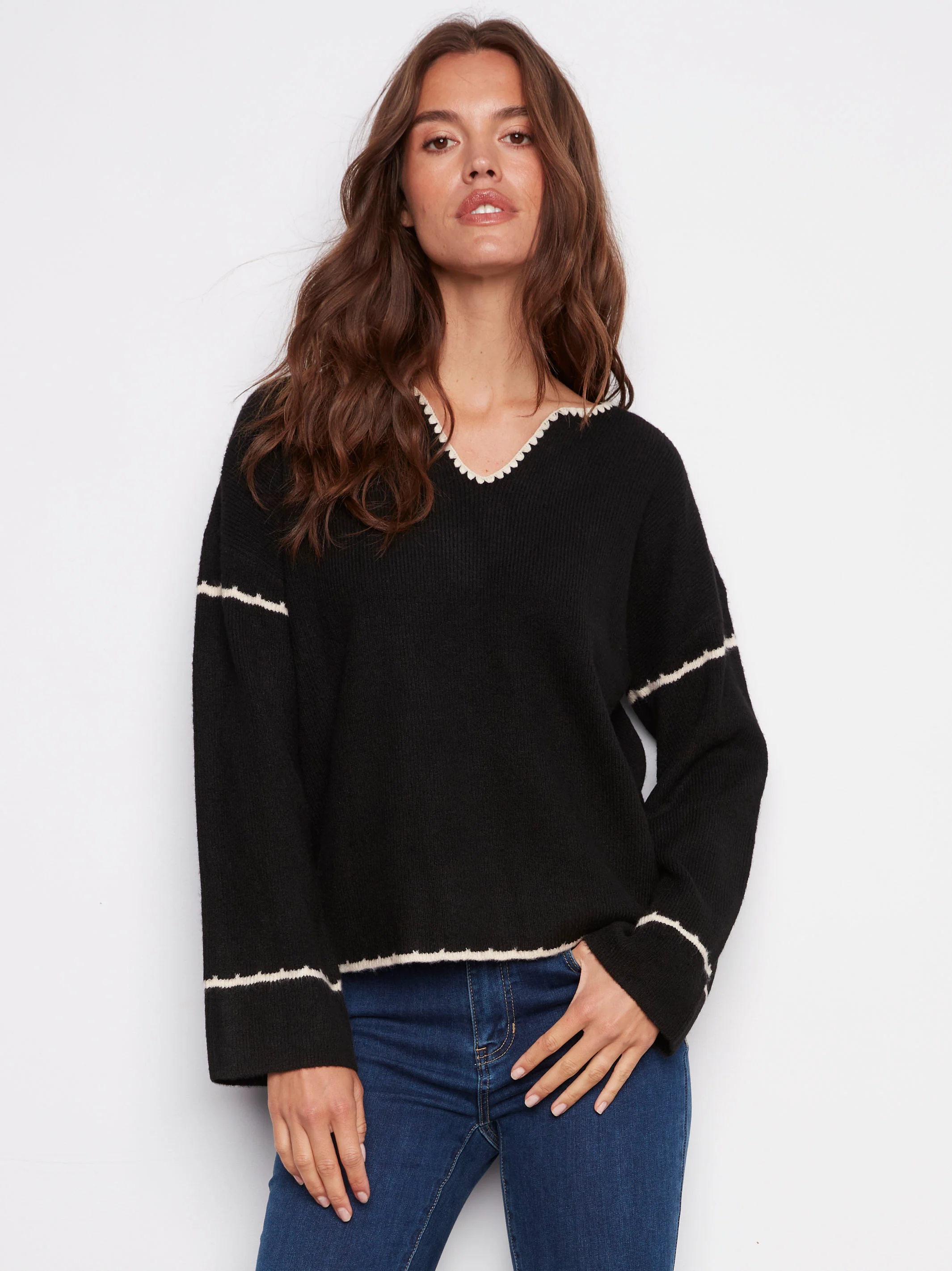 Embroidered Ribbed Sweater with Notch Neck - Black - WHSBYS