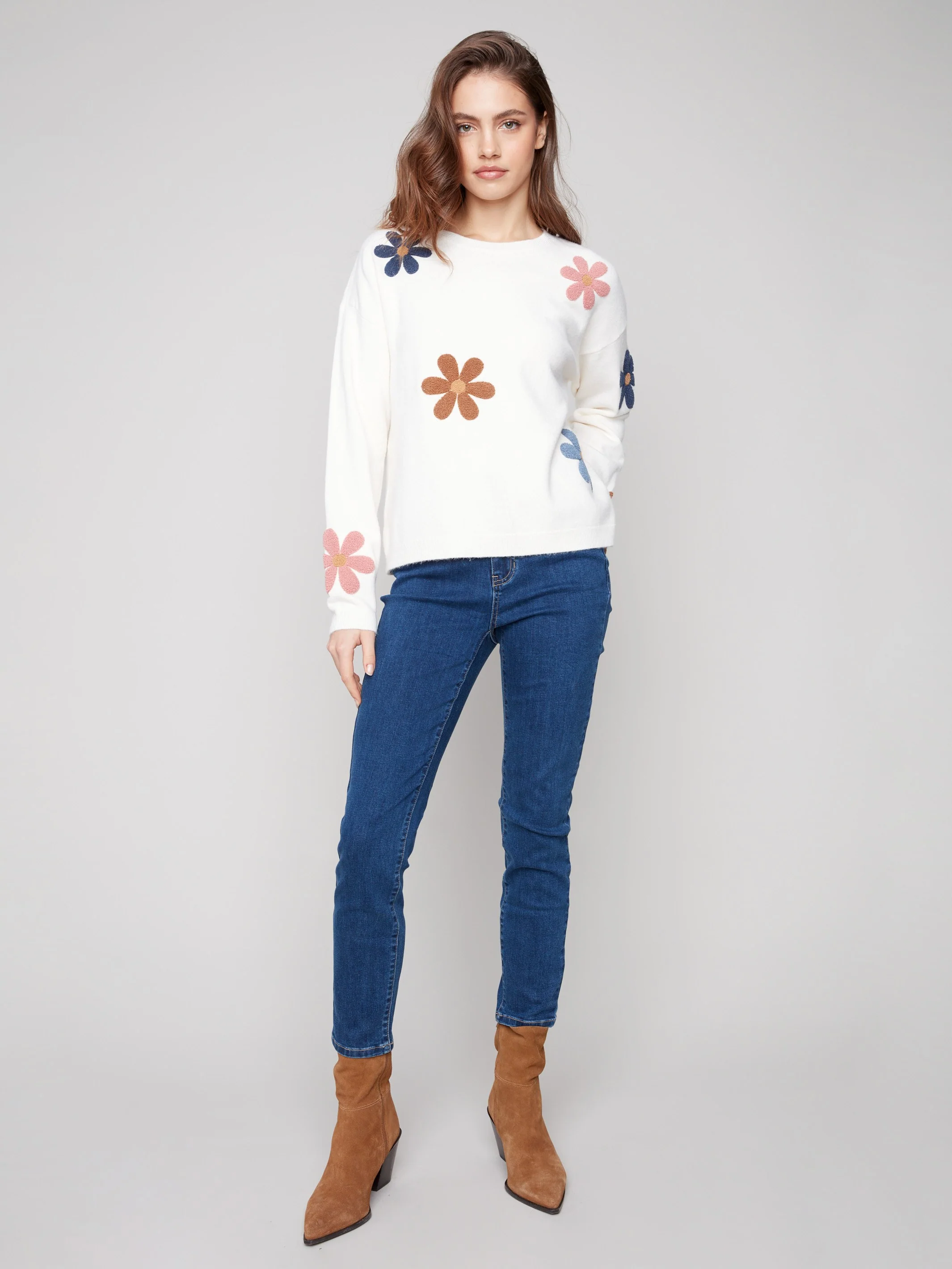 Plush Sweater with Boucle Flowers - Ecru - WHSBYS
