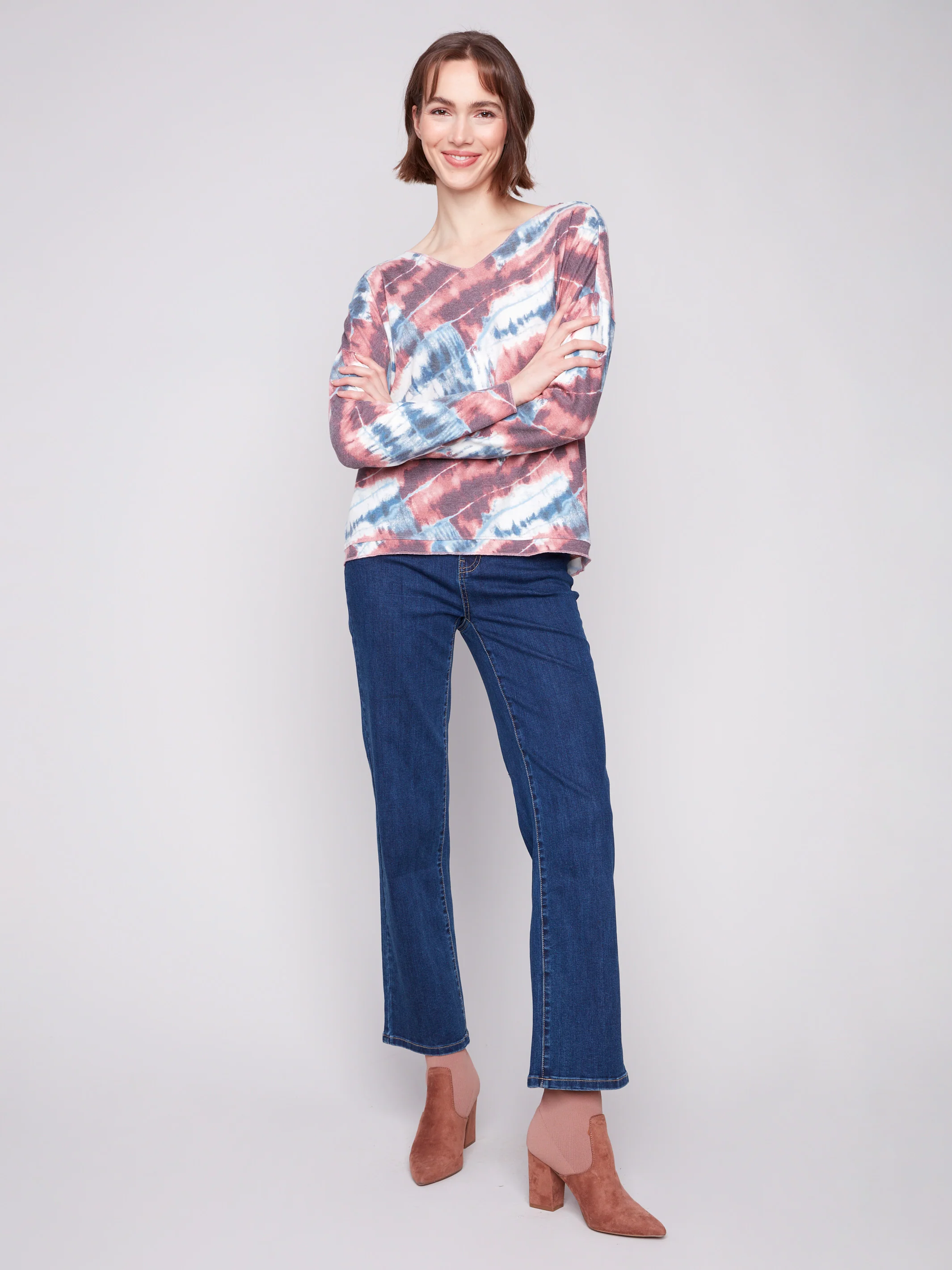 Printed V-neck Knit Top - Dreamy Pink - WHSBYS