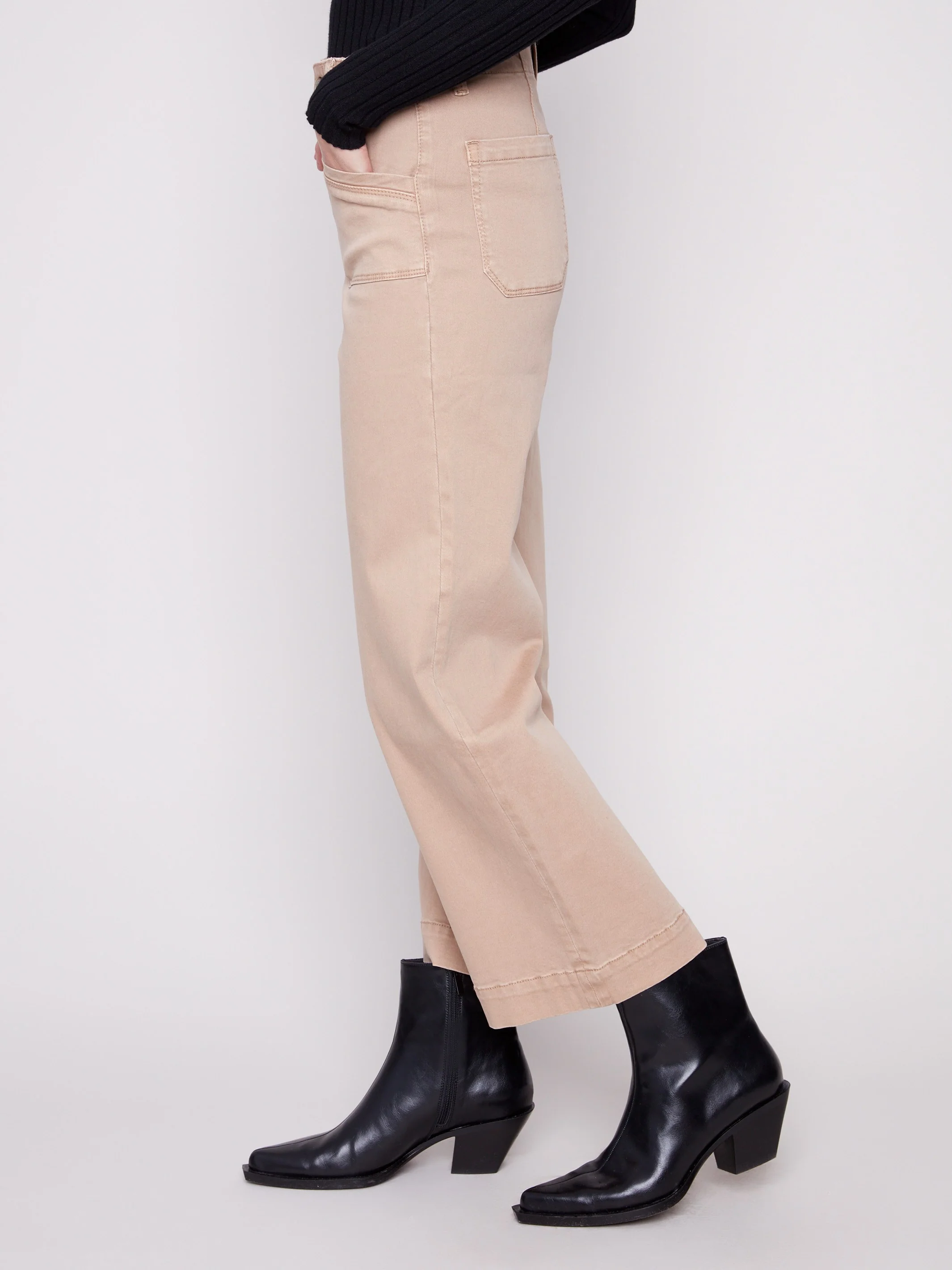 Cropped Wide Leg Stretch Twill Pants - Sesame - WHSBYS