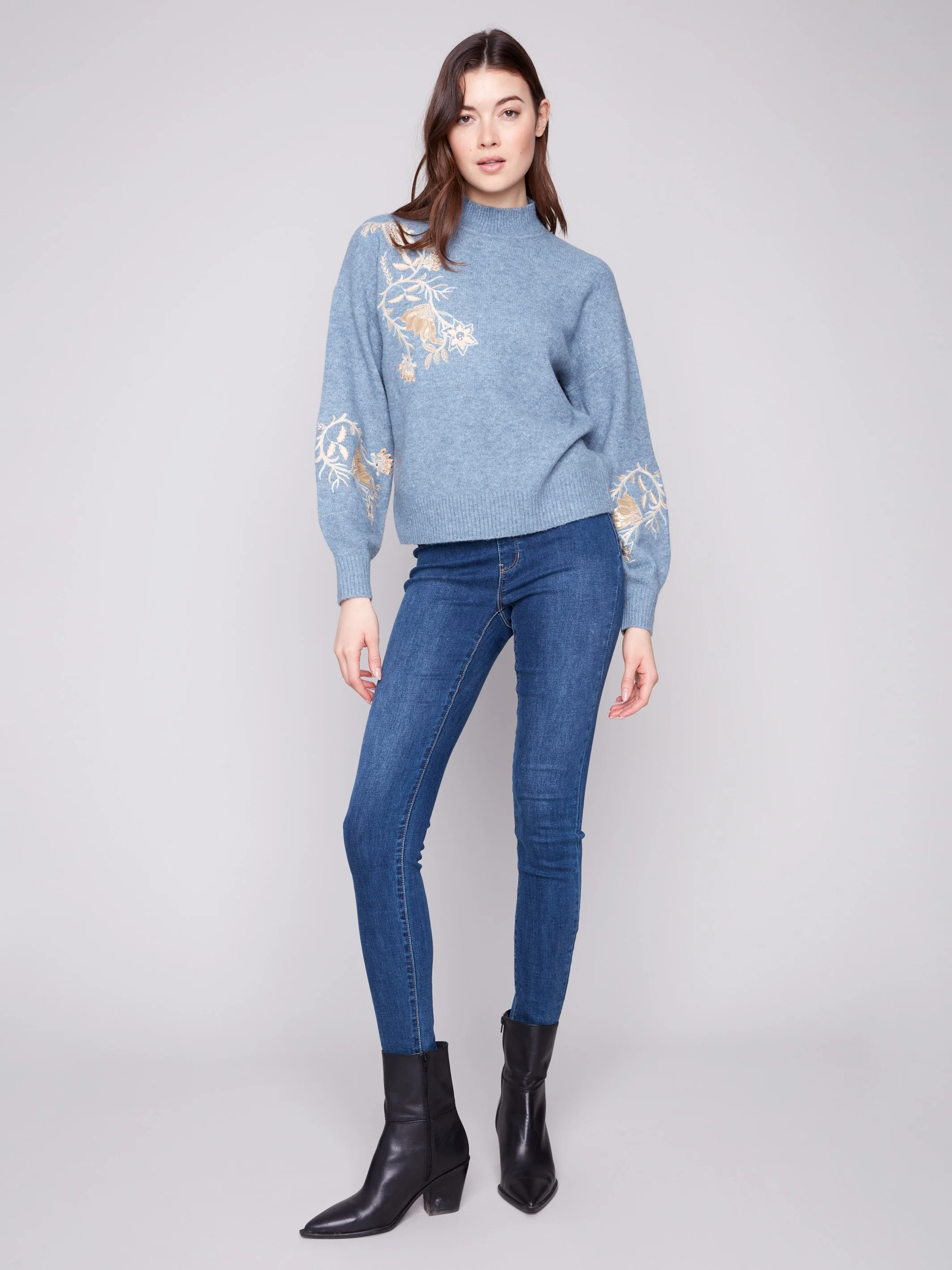 Mock Neck Sweater with Sequin Detail - Heather Denim - WHSBYS