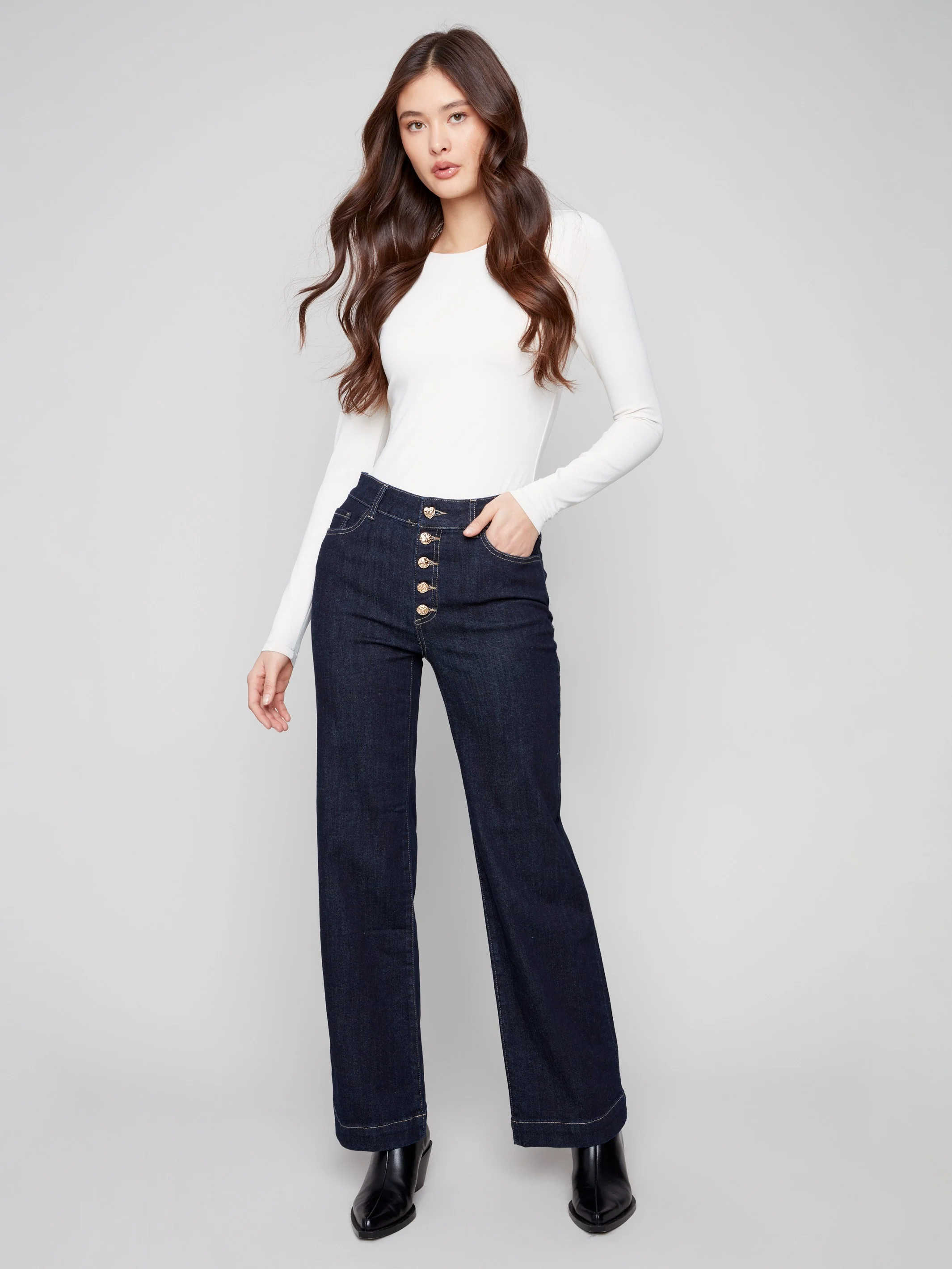 Flare Leg Jeans With Embellished Buttons - Deep Blue - WHSBYS