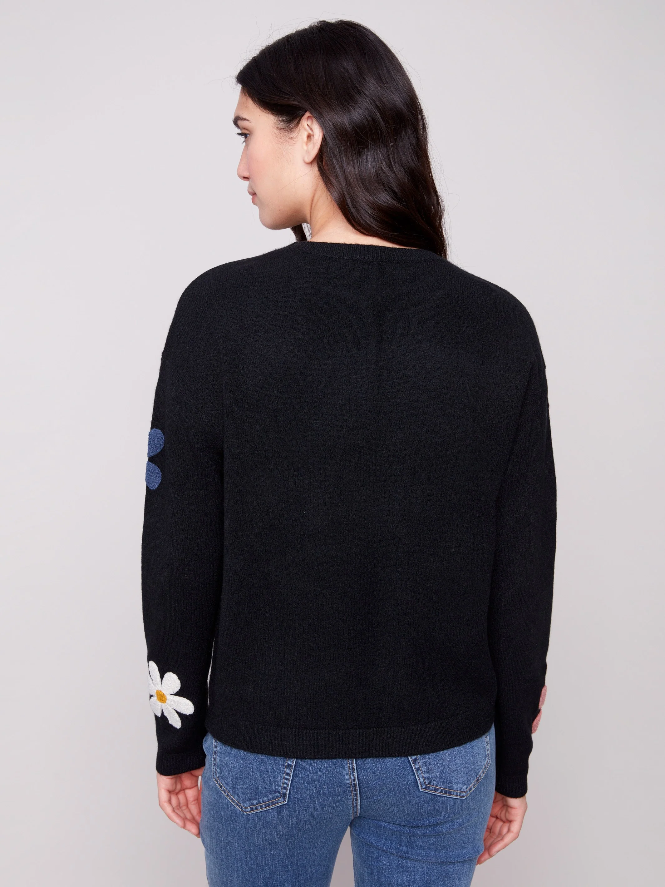 Plush Sweater with Boucle Flowers - Black - WHSBYS