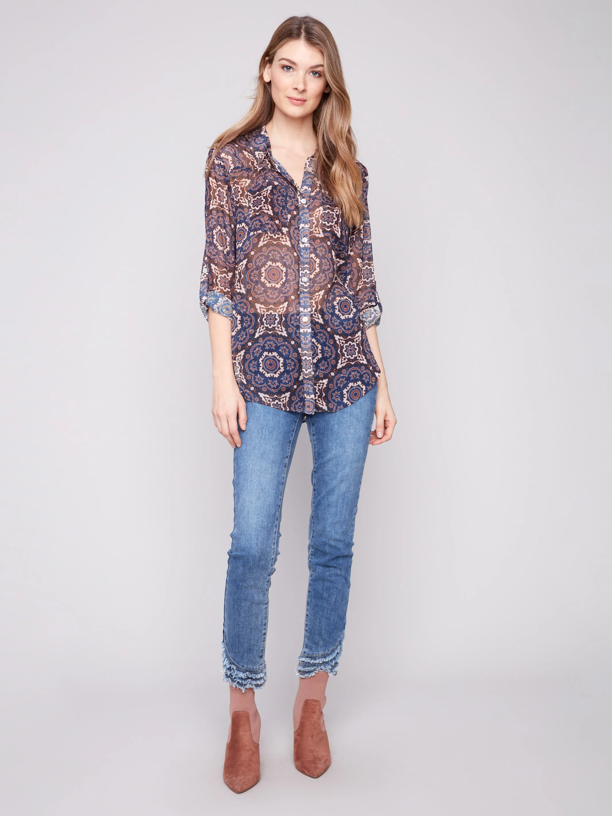 Printed Button-Up Blouse - Medallion - WHSBYS