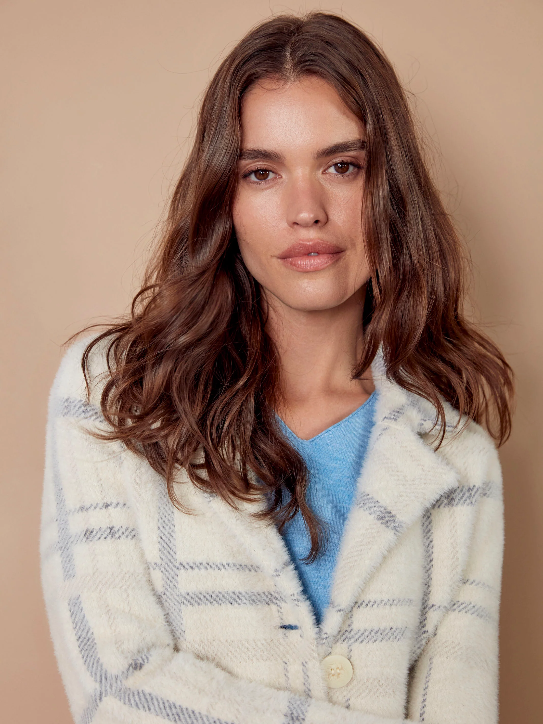 Long Plaid Knit Coatigan - Ivory - WHSBYS