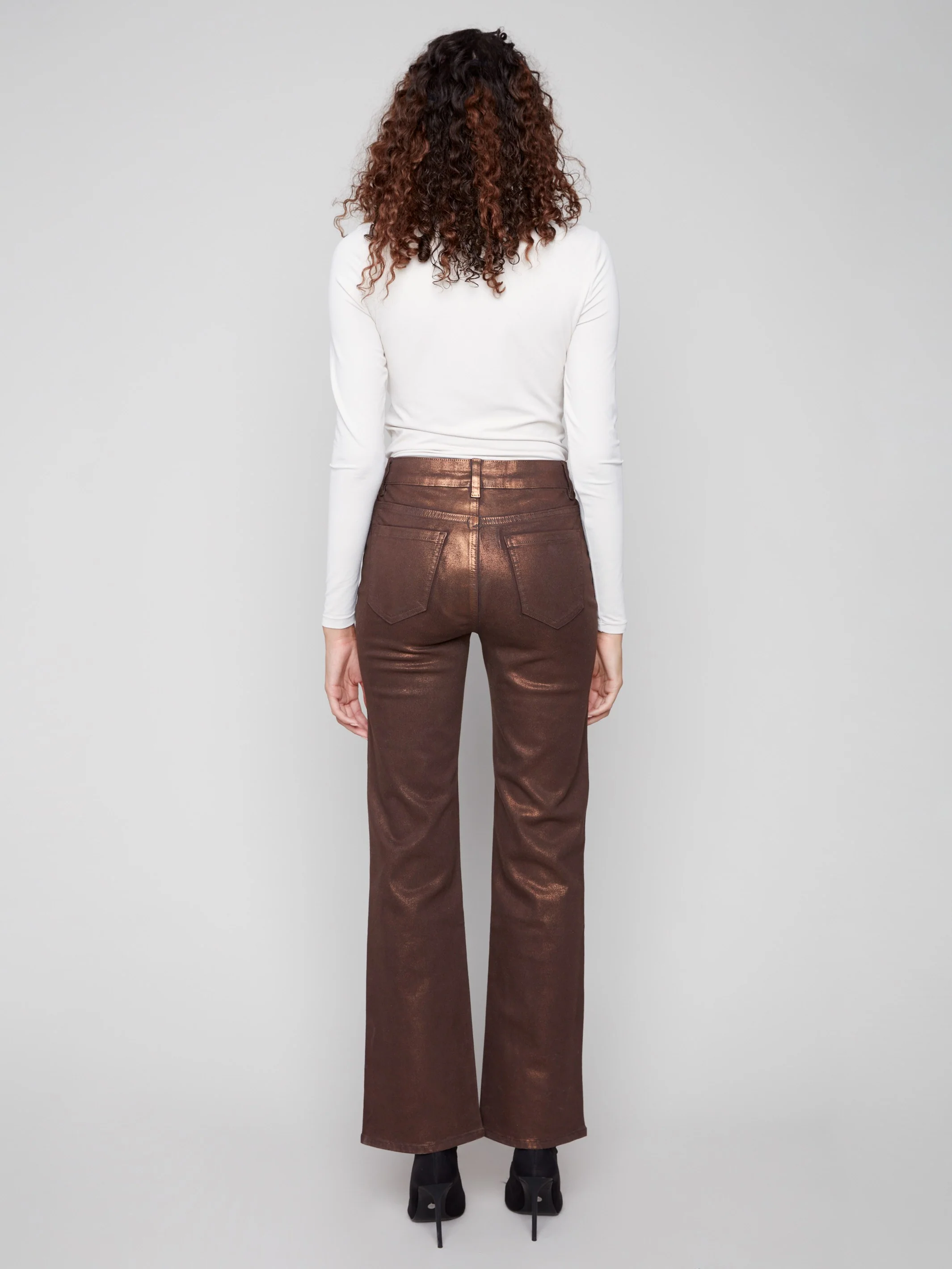 Patch Pocket Flare Metallic Twill Pants With Rivets - Bronze - WHSBYS