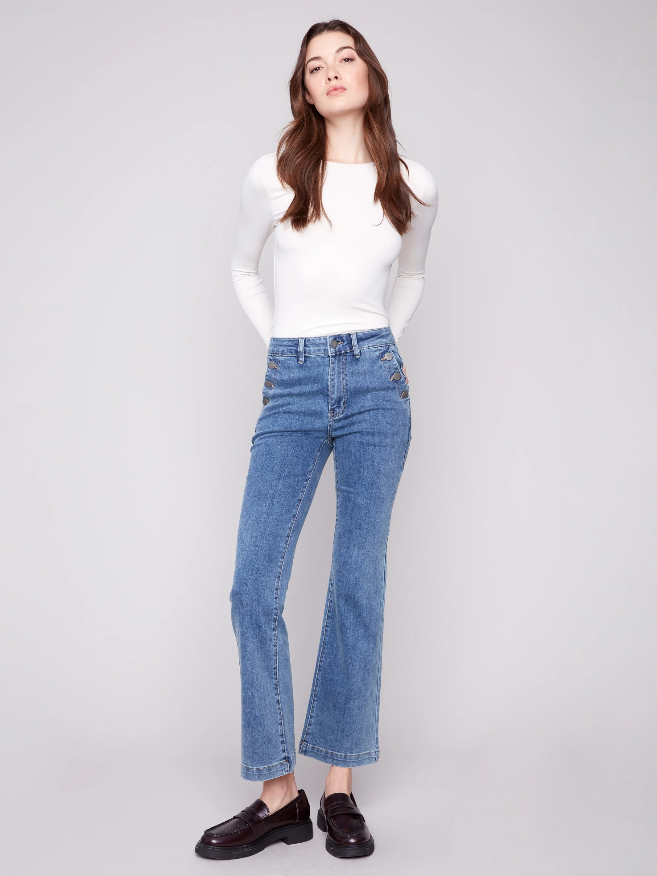 Flare Leg Stretch Jeans With Buttons - Medium Blue - WHSBYS