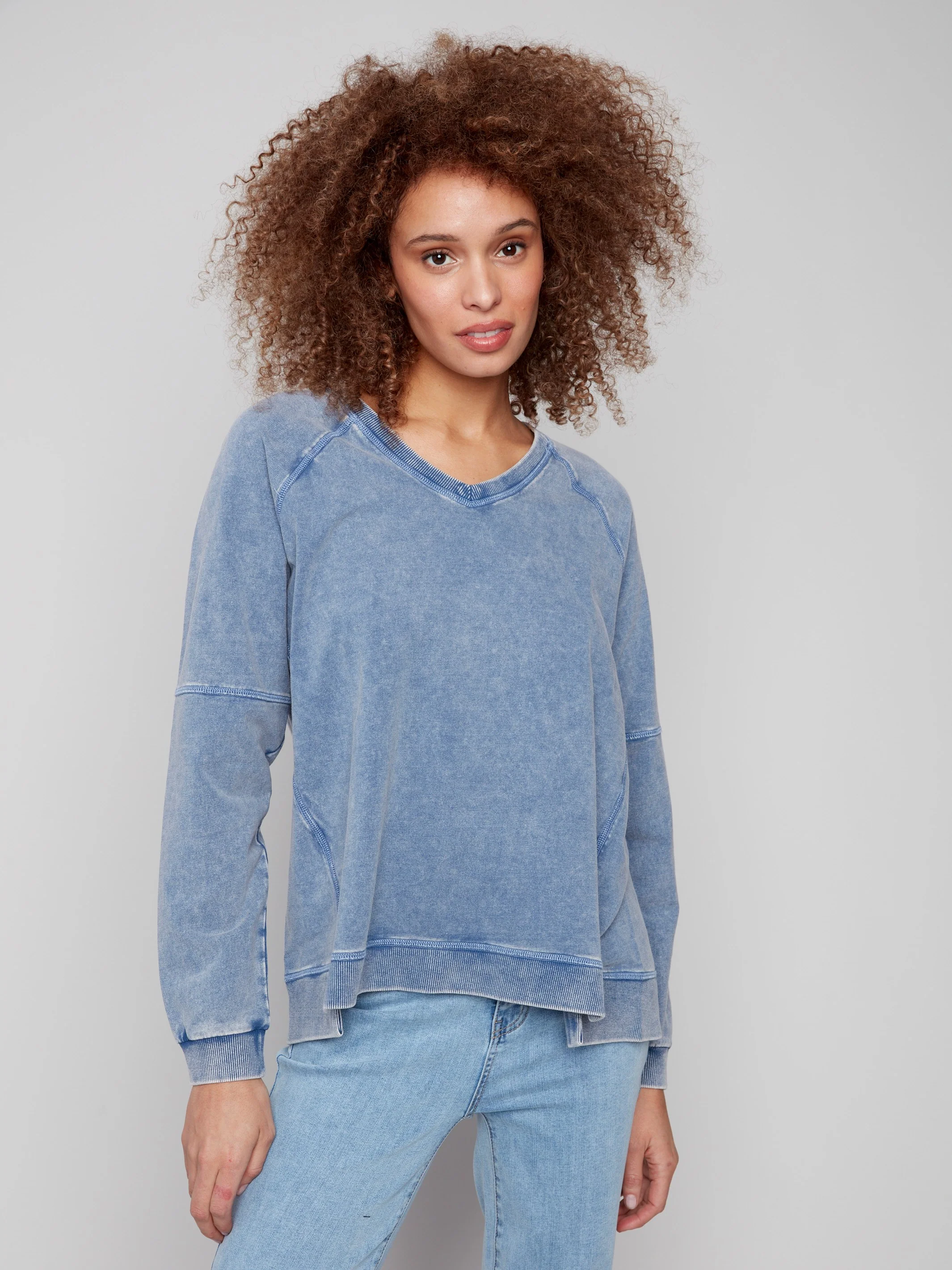 Cold Dye French Terry V-Neck Top - Denim - WHSBYS