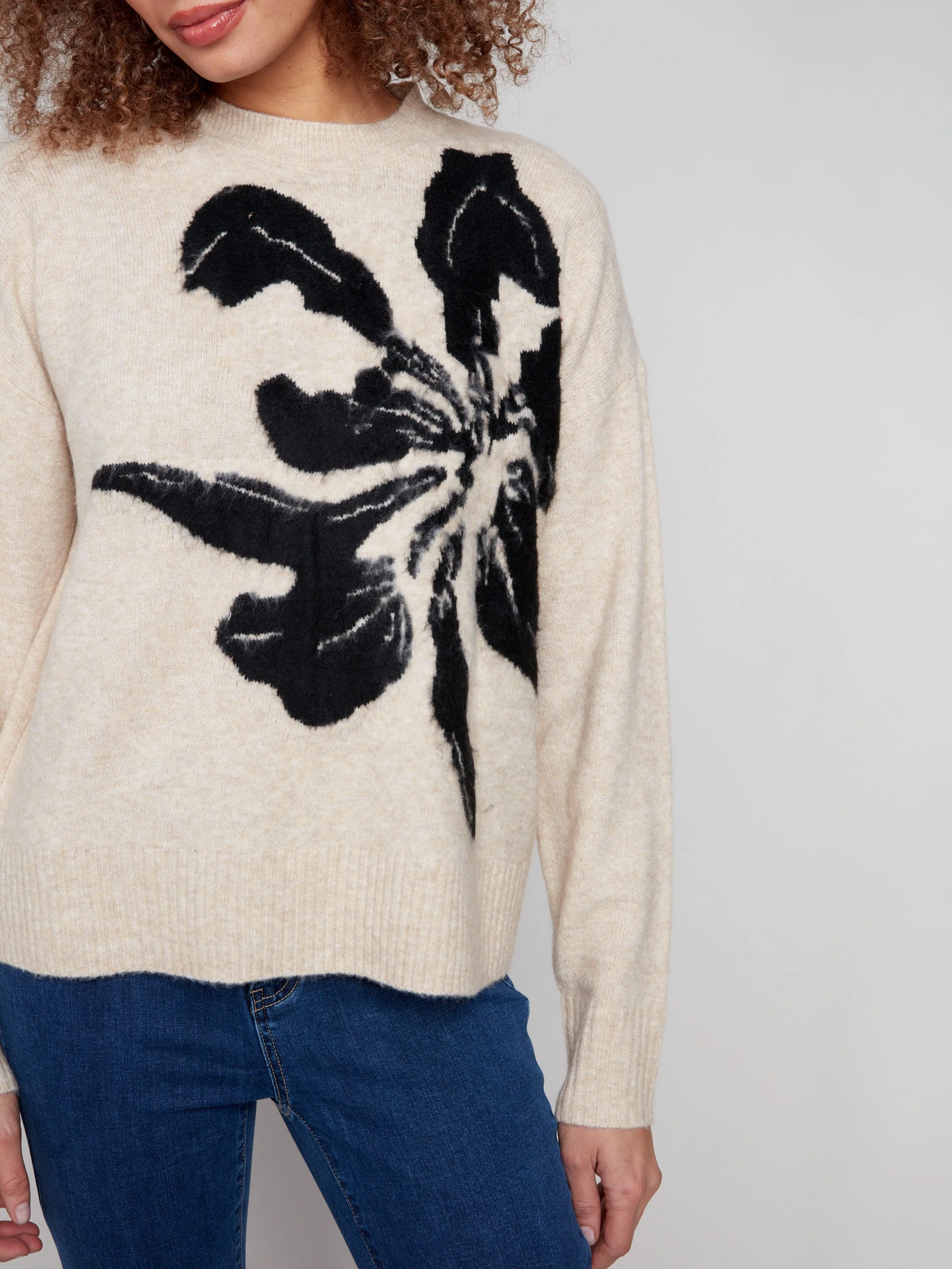 Floral Jacquard Crew Neck Sweater - Flowers - WHSBYS