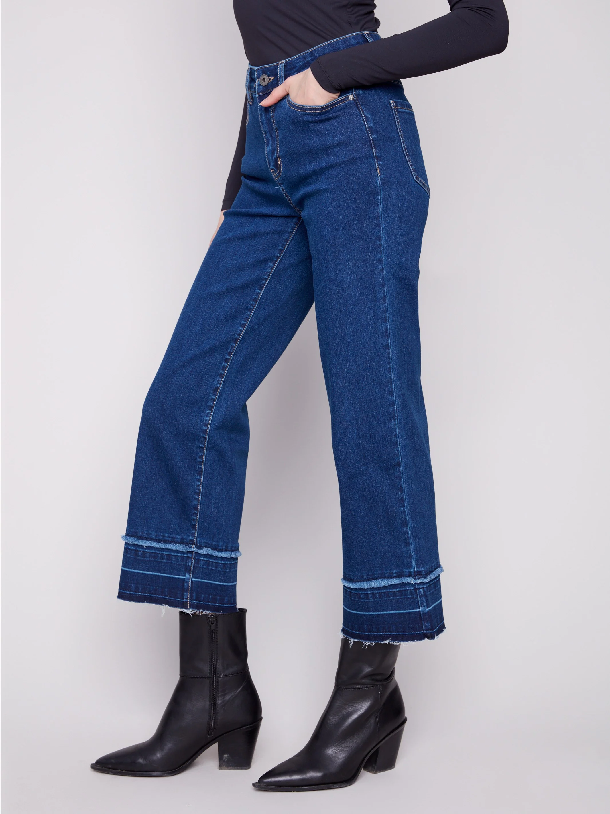 Flare Leg Jeans With Fringed Hem - Indigo - WHSBYS