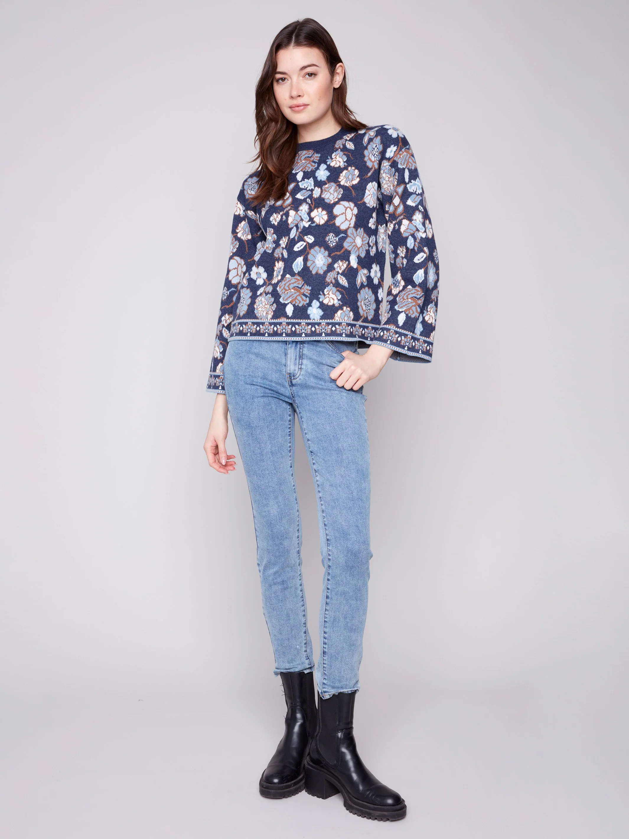Crew Neck Jacquard Sweater - Floral - WHSBYS