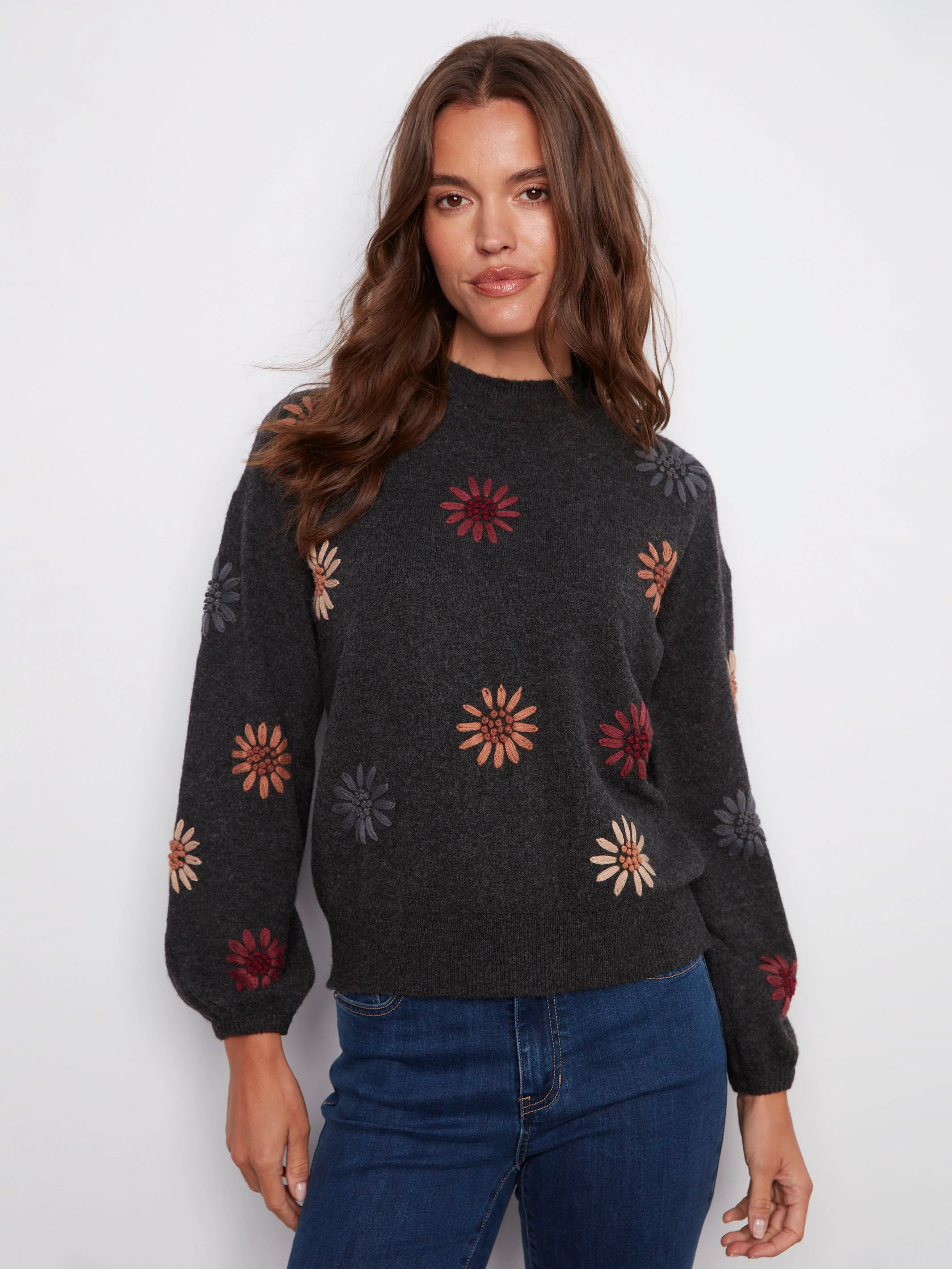 Mock Neck Sweater With Floral Embroidery - Heather Charcoal - WHSBYS