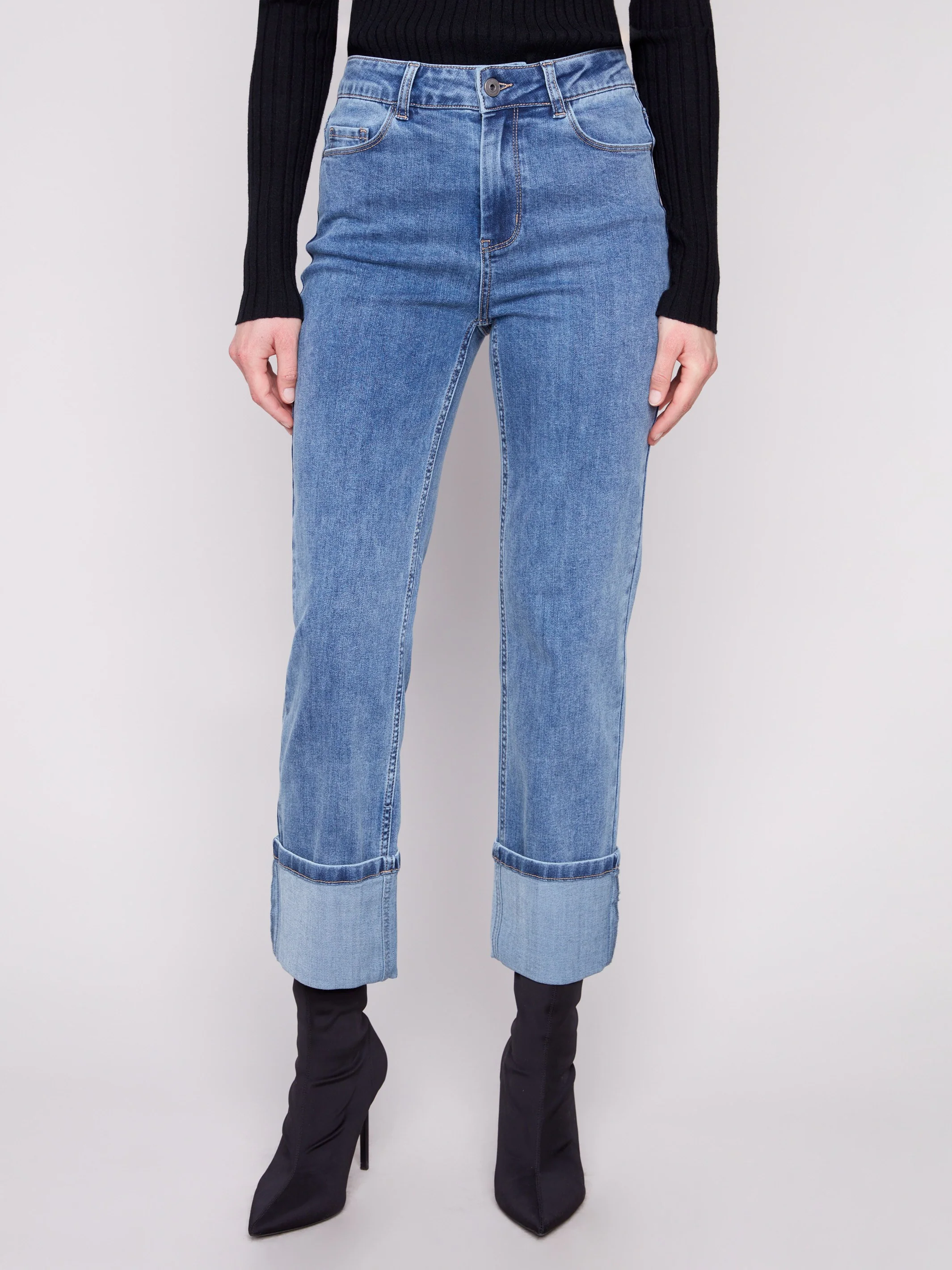 Wide Cuff Straight Leg Jeans - Medium Blue - WHSBYS