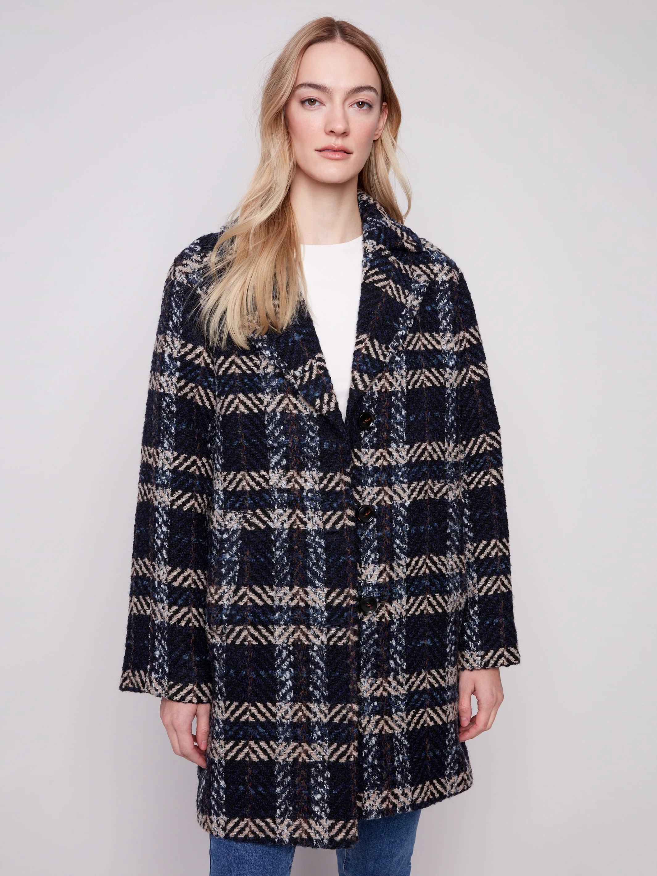 Plaid Bouclé Coat - Navy - WHSBYS