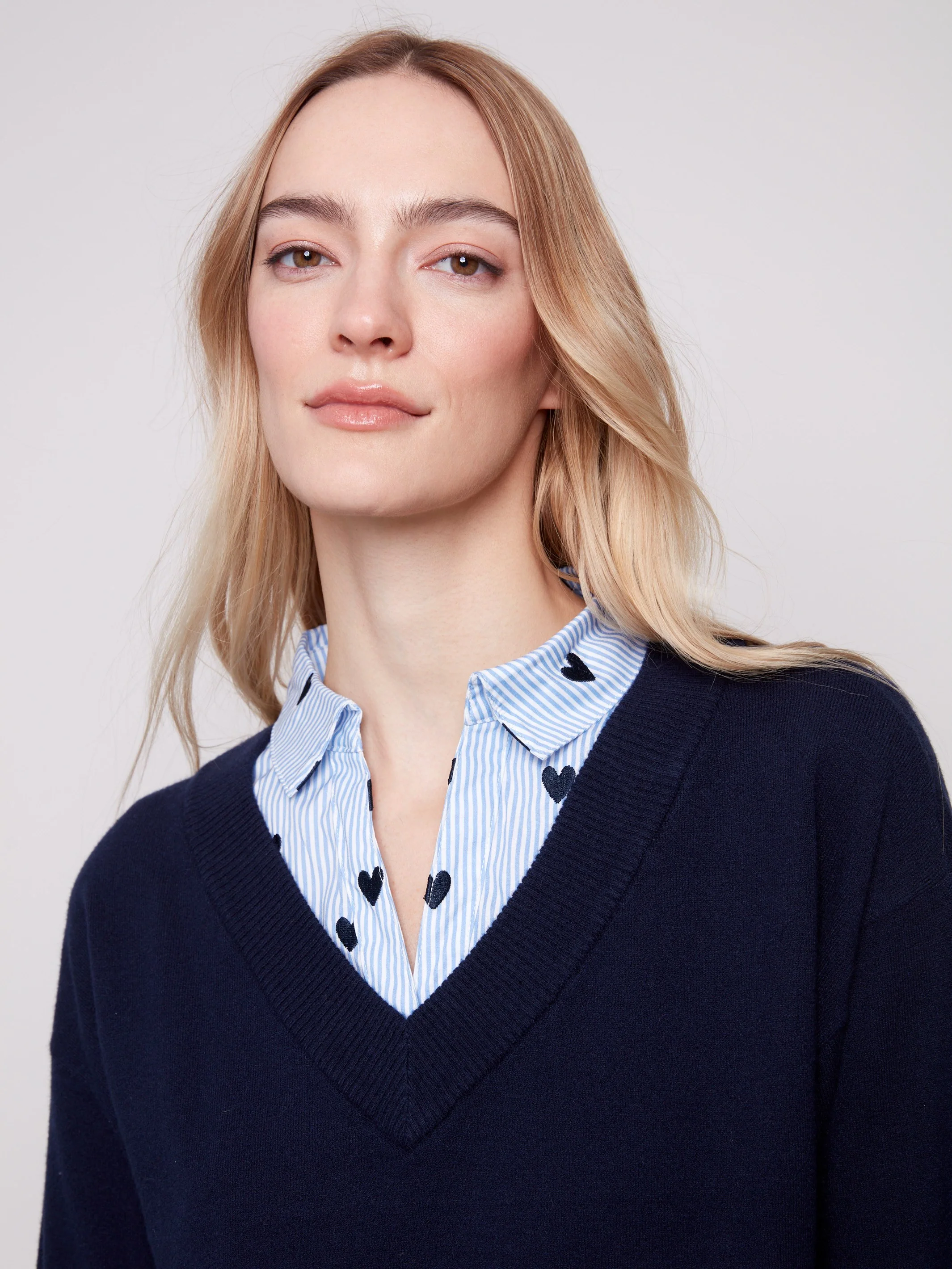 V-Neck Fooler Sweater With Embroidered Shirt Collar - Navy - WHSBYS