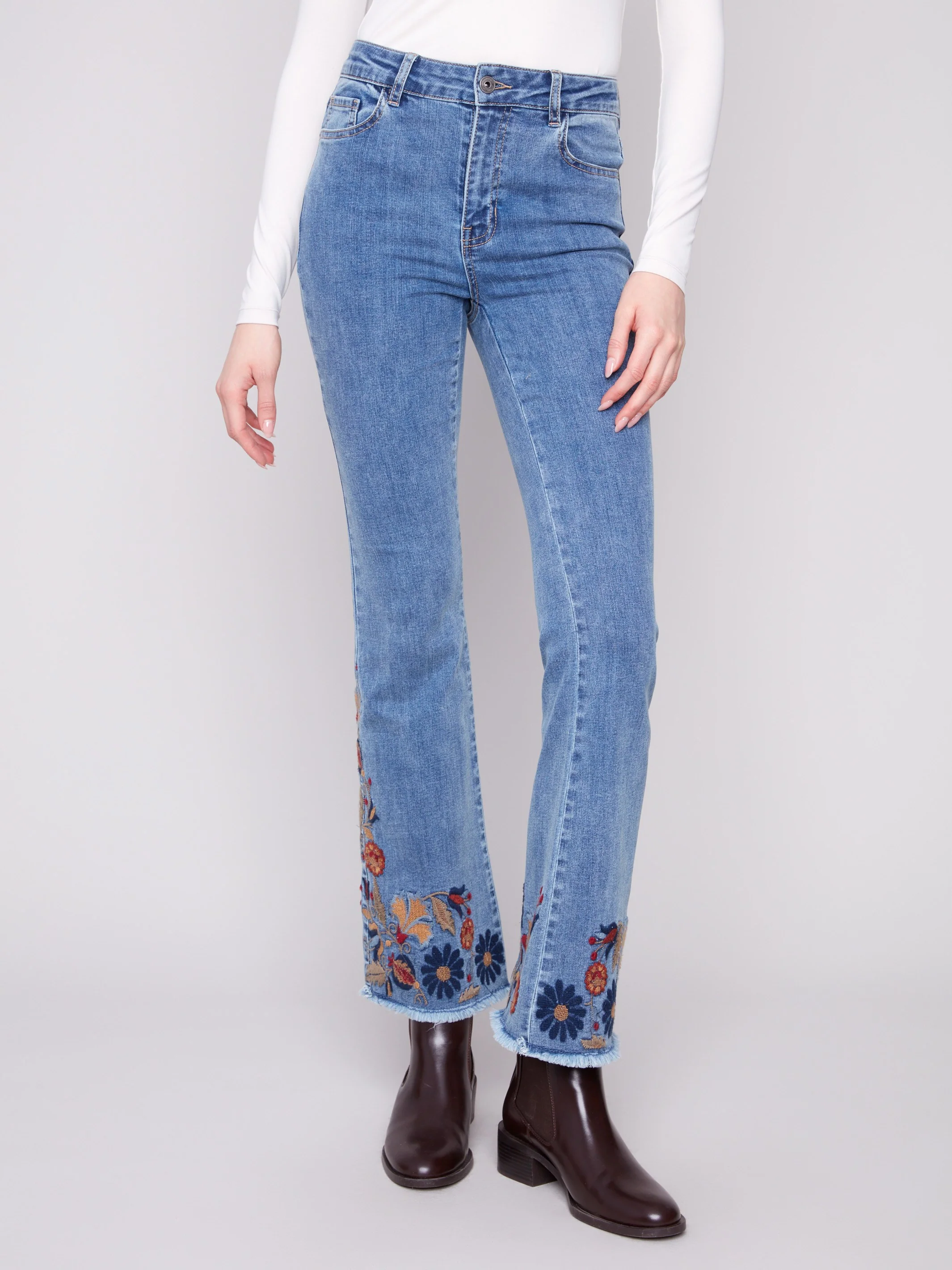 Flare Leg Jeans With Colorful Floral Embroidery - Medium Blue - WHSBYS