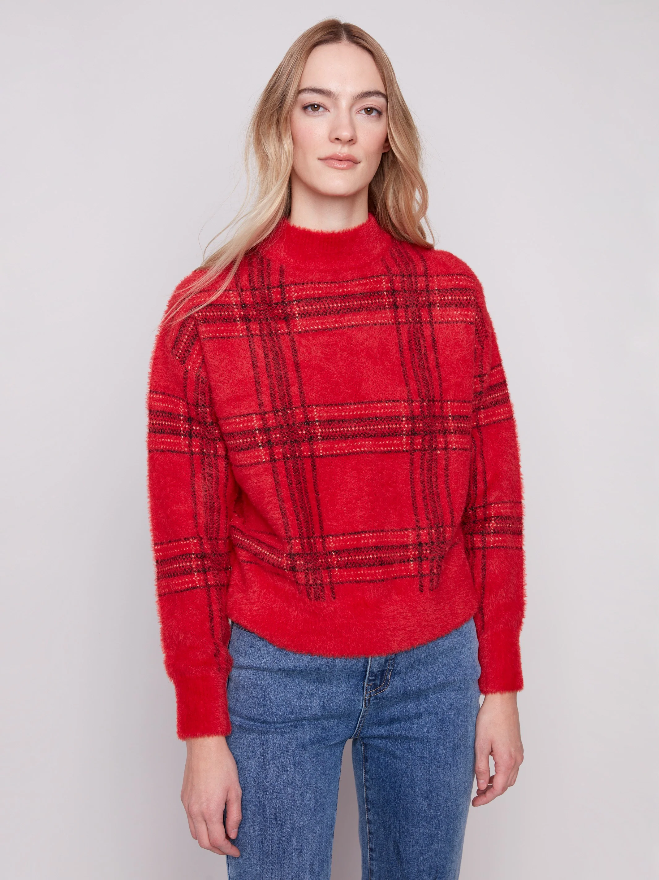Plaid Eyelash Mock Neck Sweater - Plaid - WHSBYS