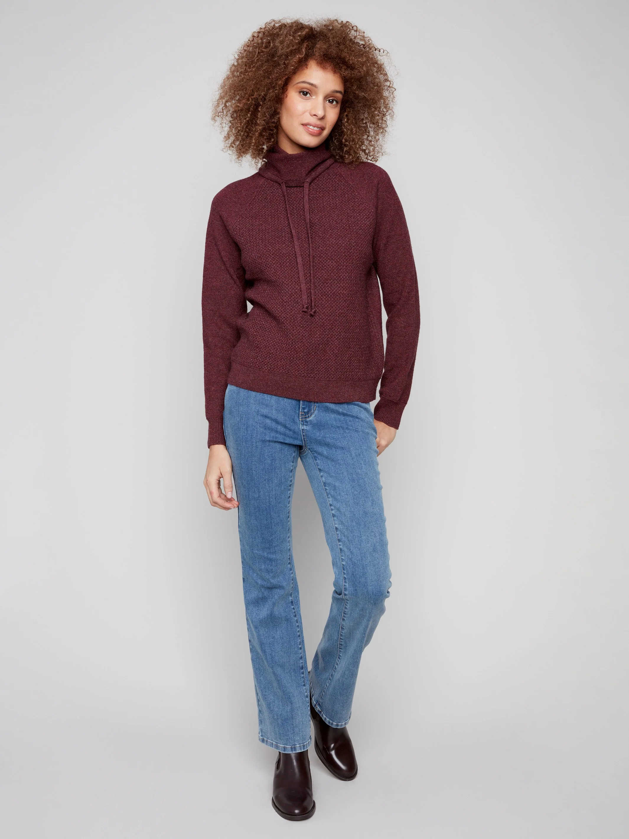 Textured Cowl Neck Knit Sweater - Heather Cabernet - WHSBYS