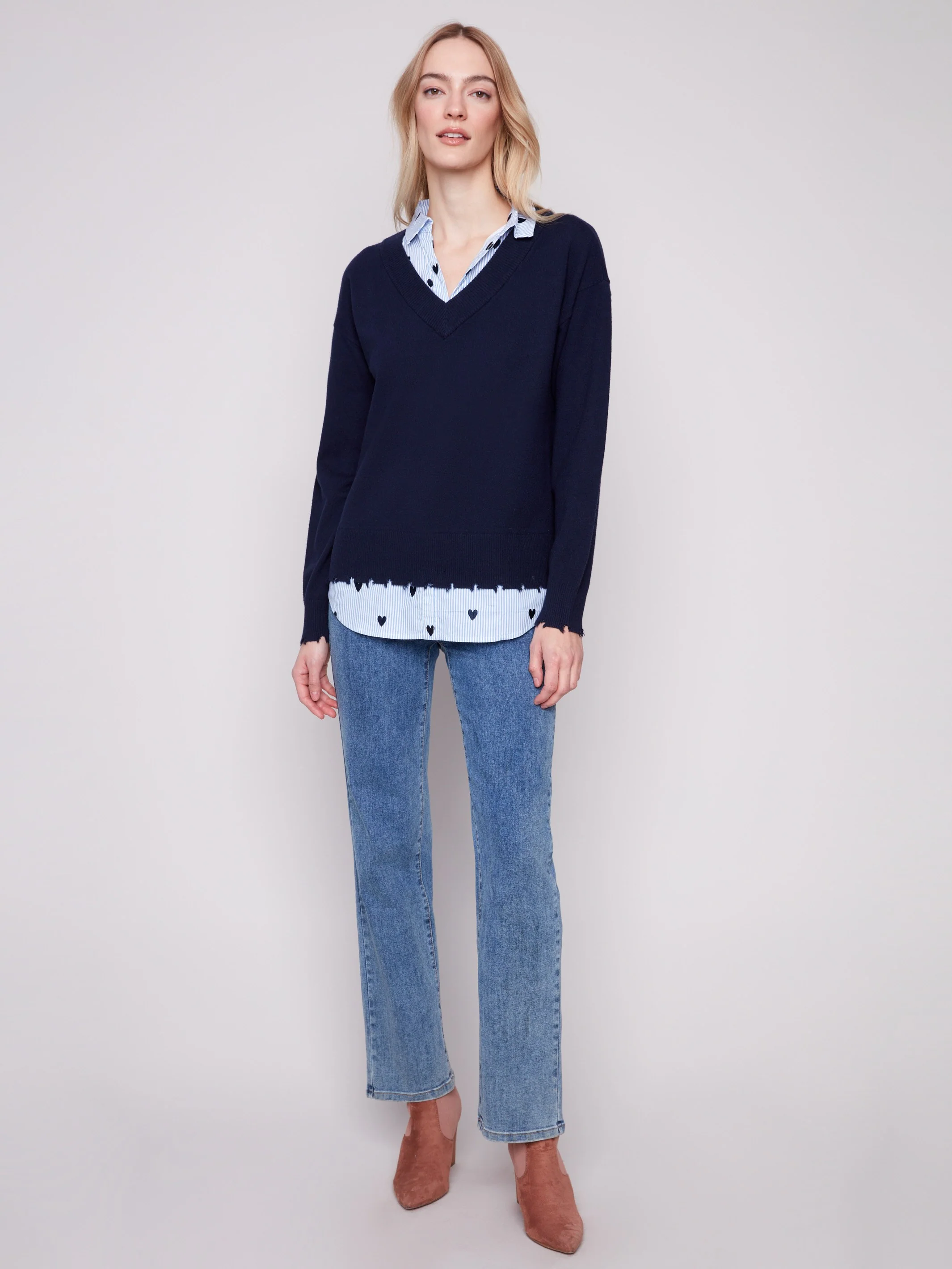 V-Neck Fooler Sweater With Embroidered Shirt Collar - Navy - WHSBYS