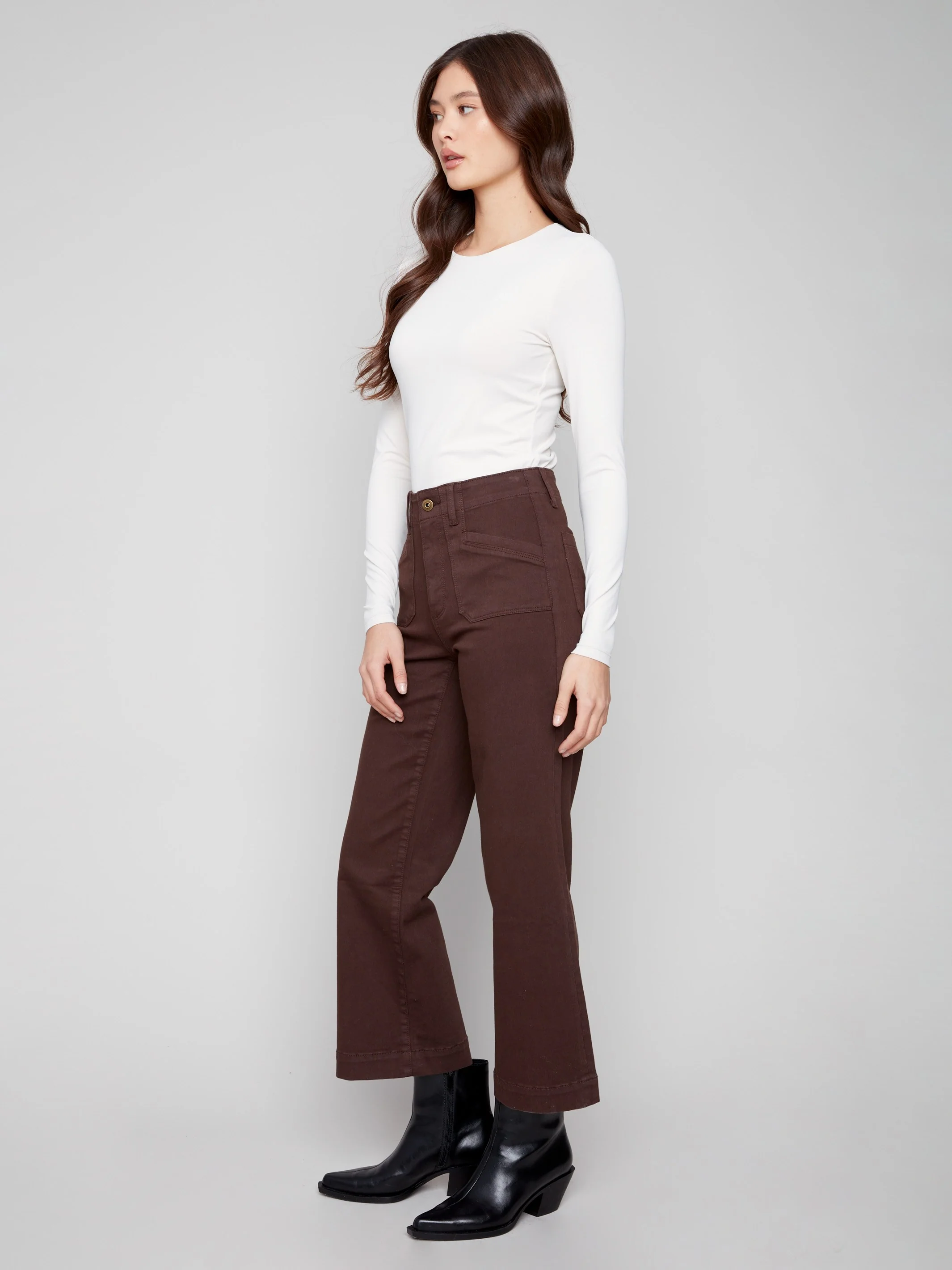 Cropped Wide Leg Stretch Twill Pants - Mocha - WHSBYS