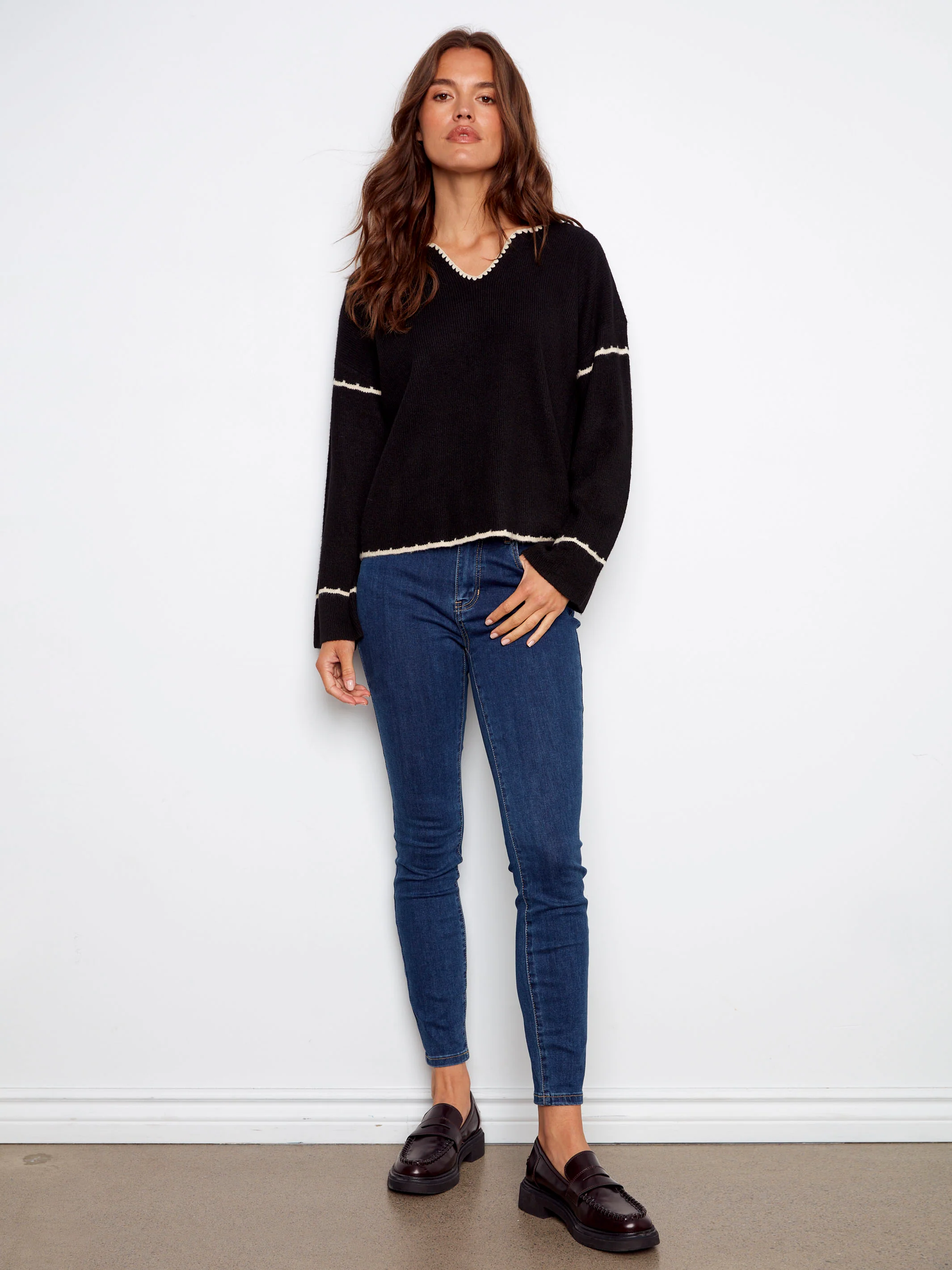 Embroidered Ribbed Sweater with Notch Neck - Black - WHSBYS