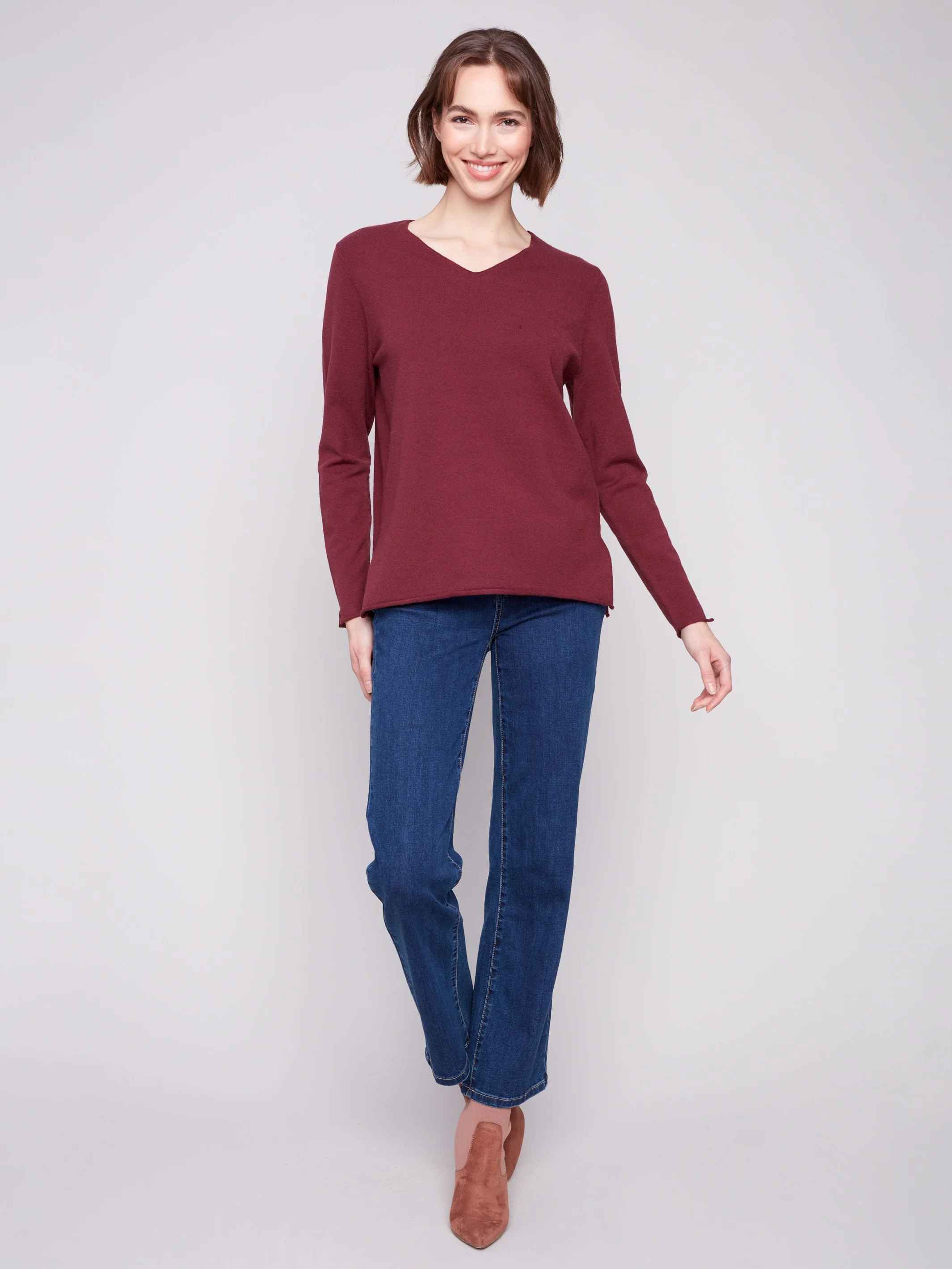 Basic V-Neck Sweater - Cabernet - WHSBYS