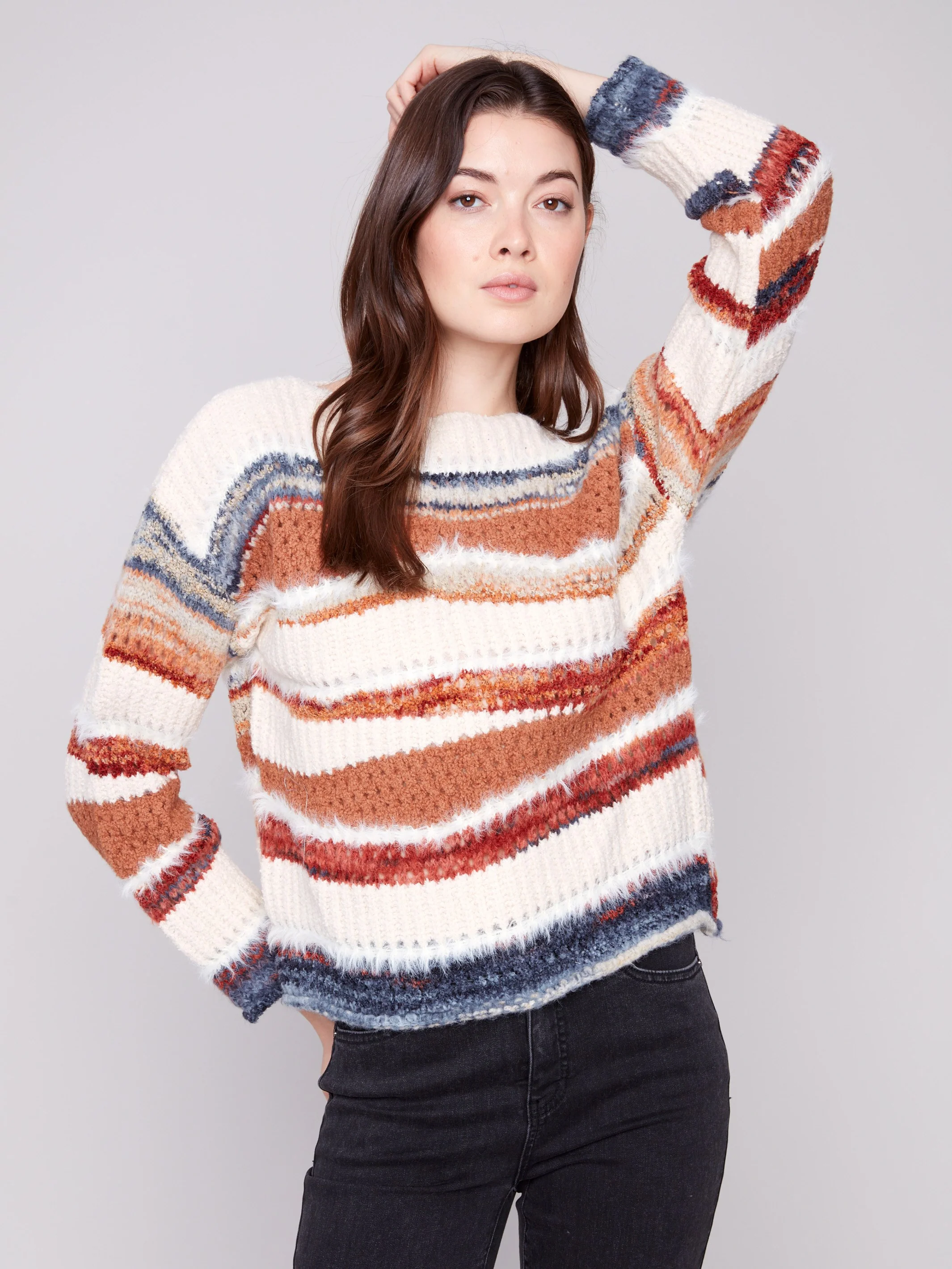 Patchwork Knit Drop Shoulder Sweater - Sepia - WHSBYS