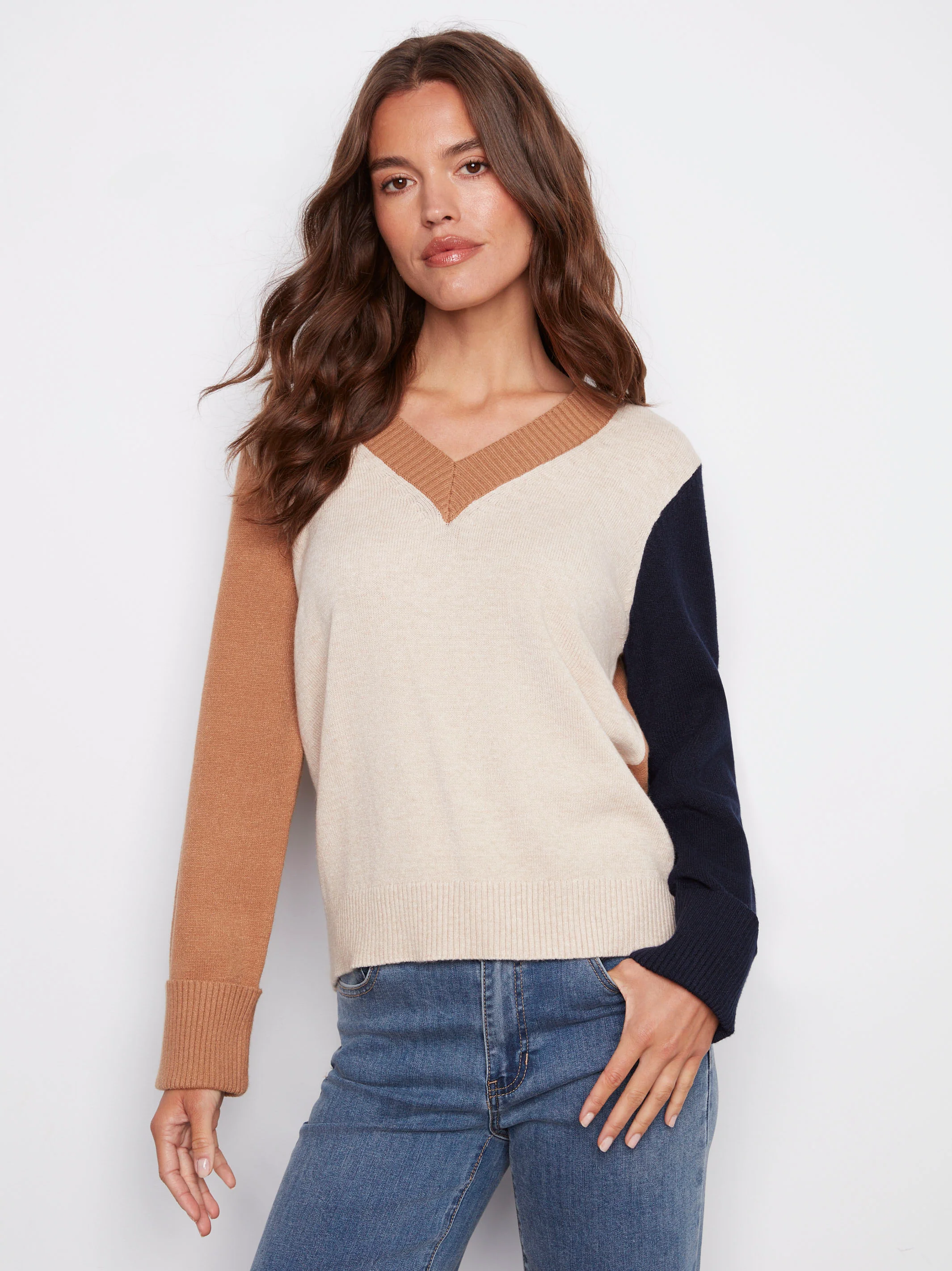 Colorblock V-Neck Sweater - Truffle - WHSBYS