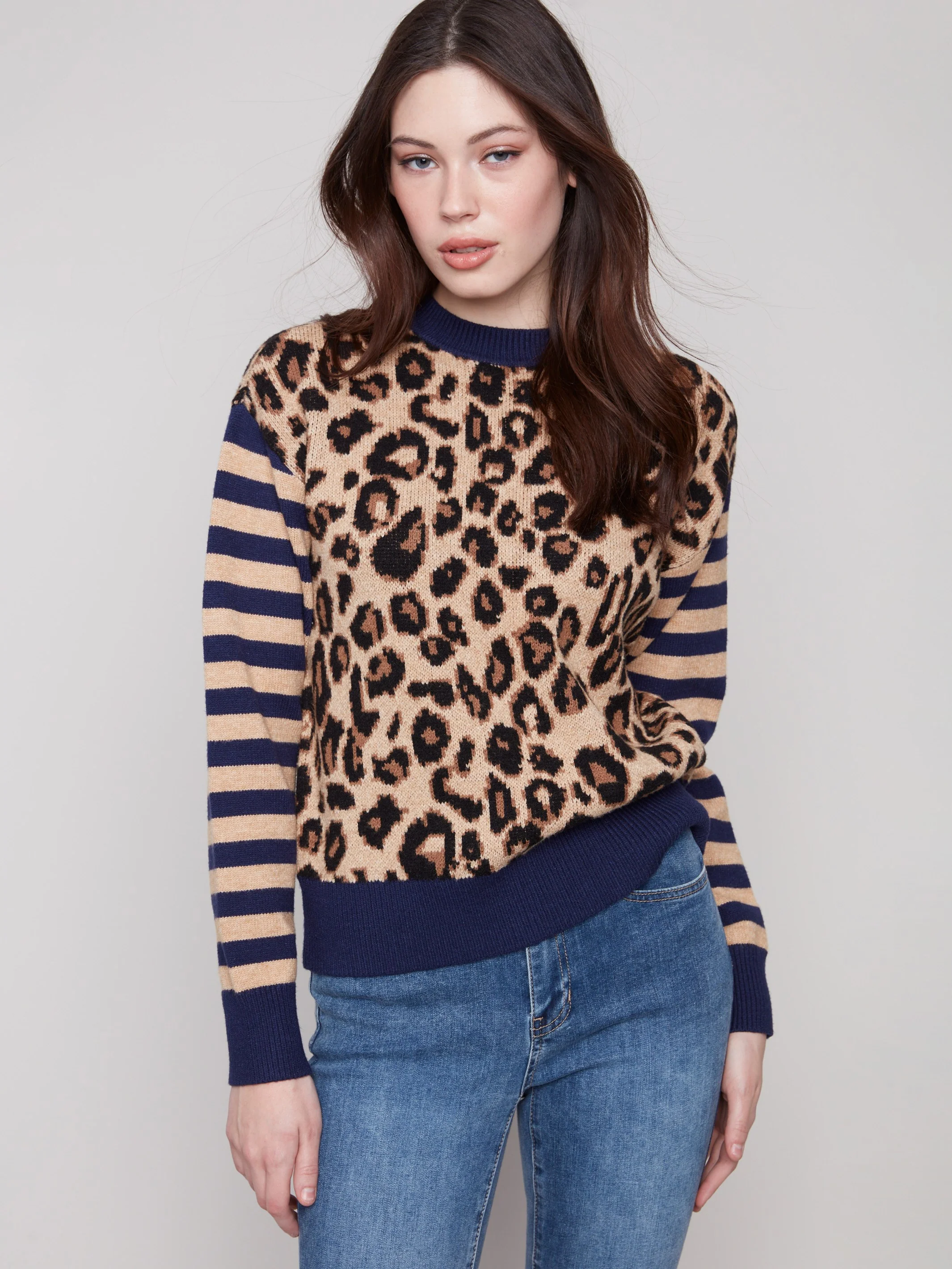 Crew Neck Sweater With Striped Sleeves - Leopard - WHSBYS