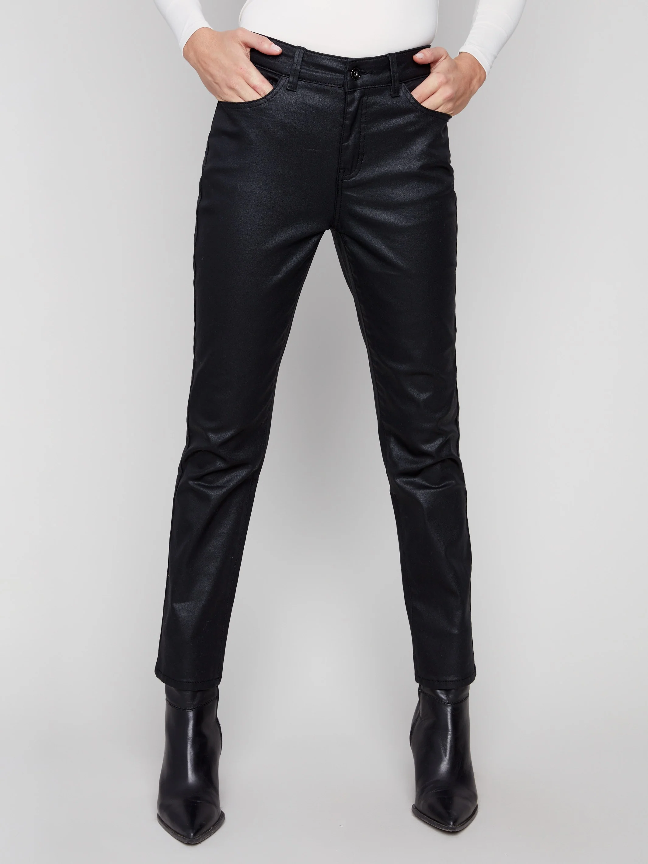 Slim Leg Metallic Wax Twill Pants - Black - WHSBYS