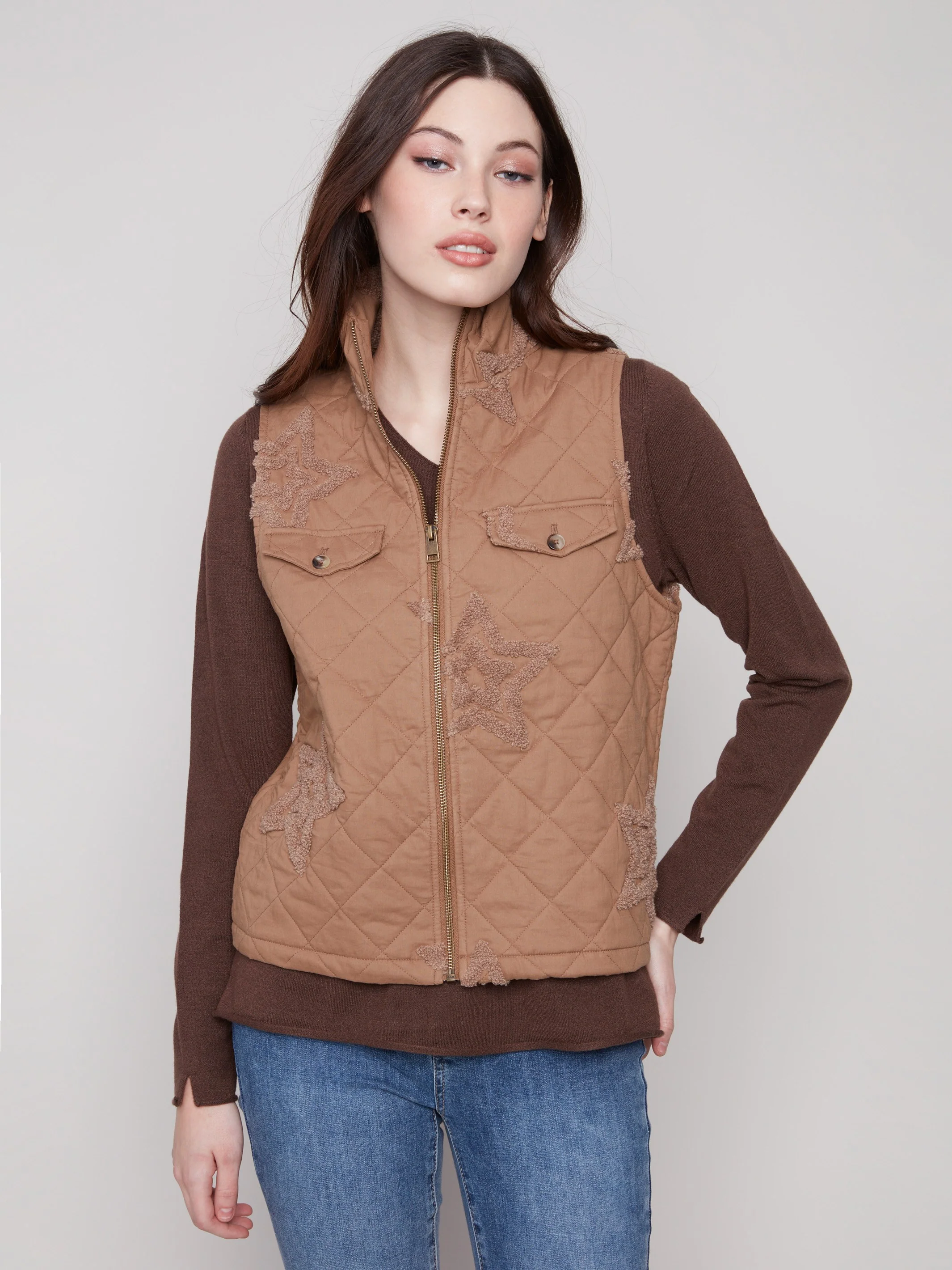 Bouclé Quilted Short Vest - Khaki - WHSBYS