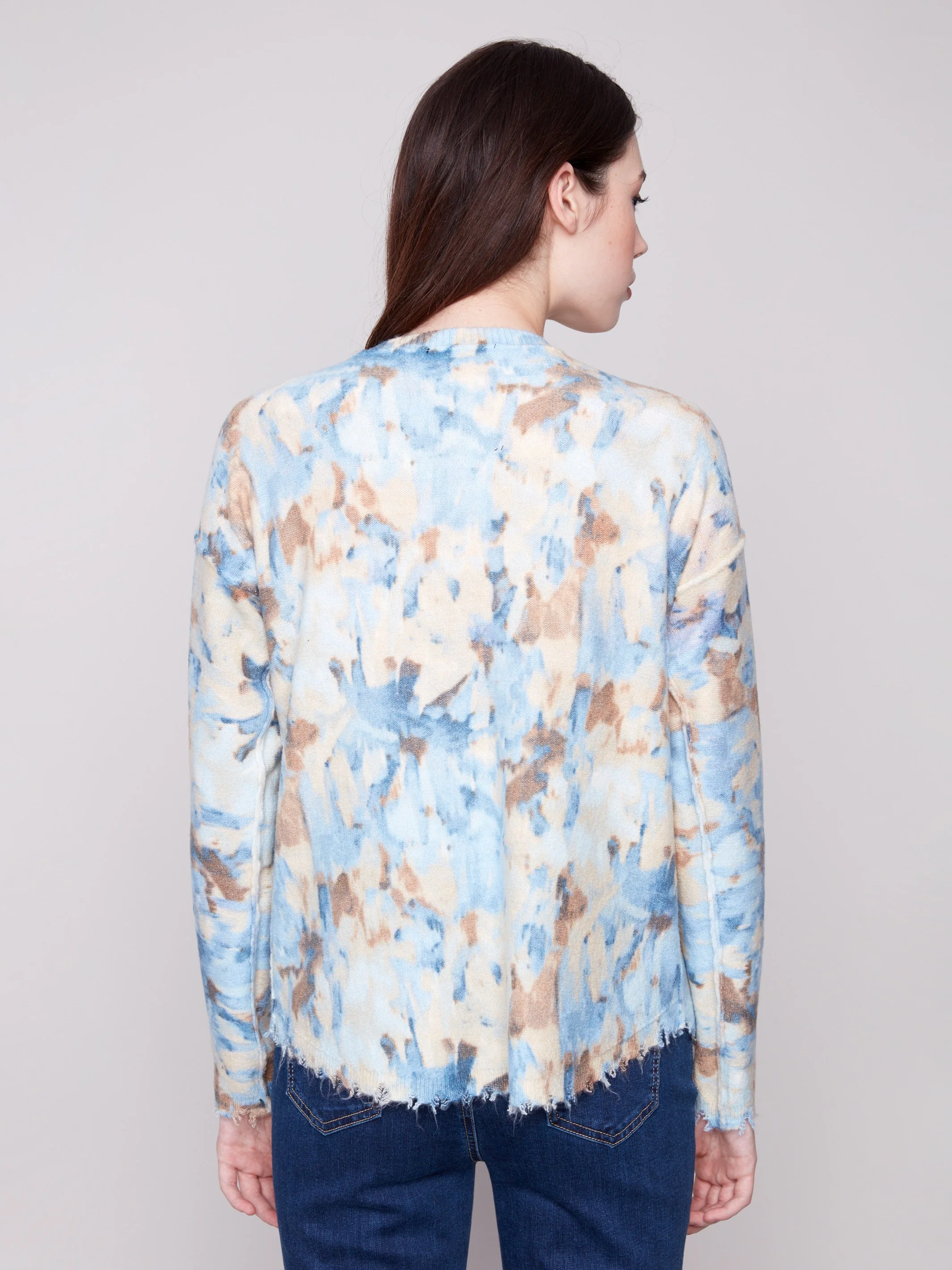 Reversible Printed Plush Sweater With Frayed Edges - Vapor - WHSBYS