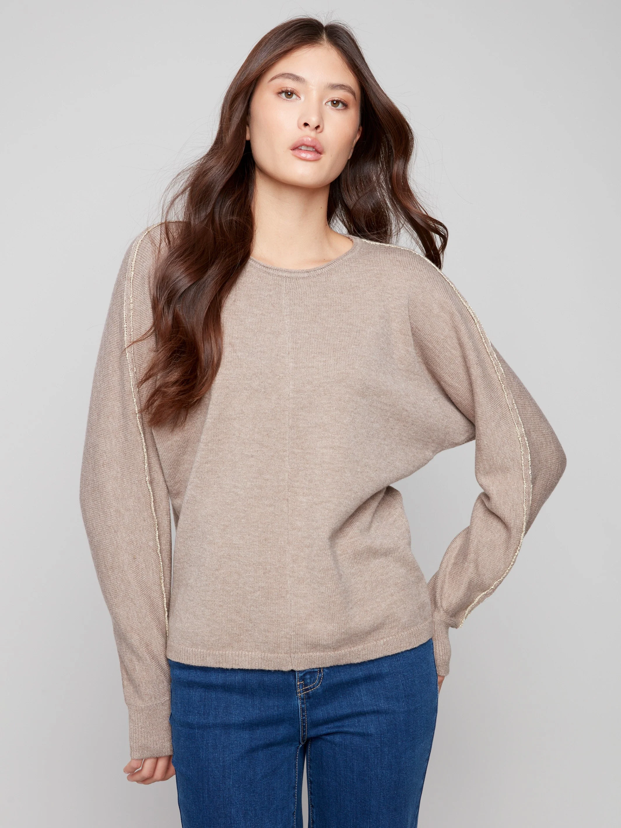 Sweater With Metallic Sleeve Detail - Heather Taupe - WHSBYS